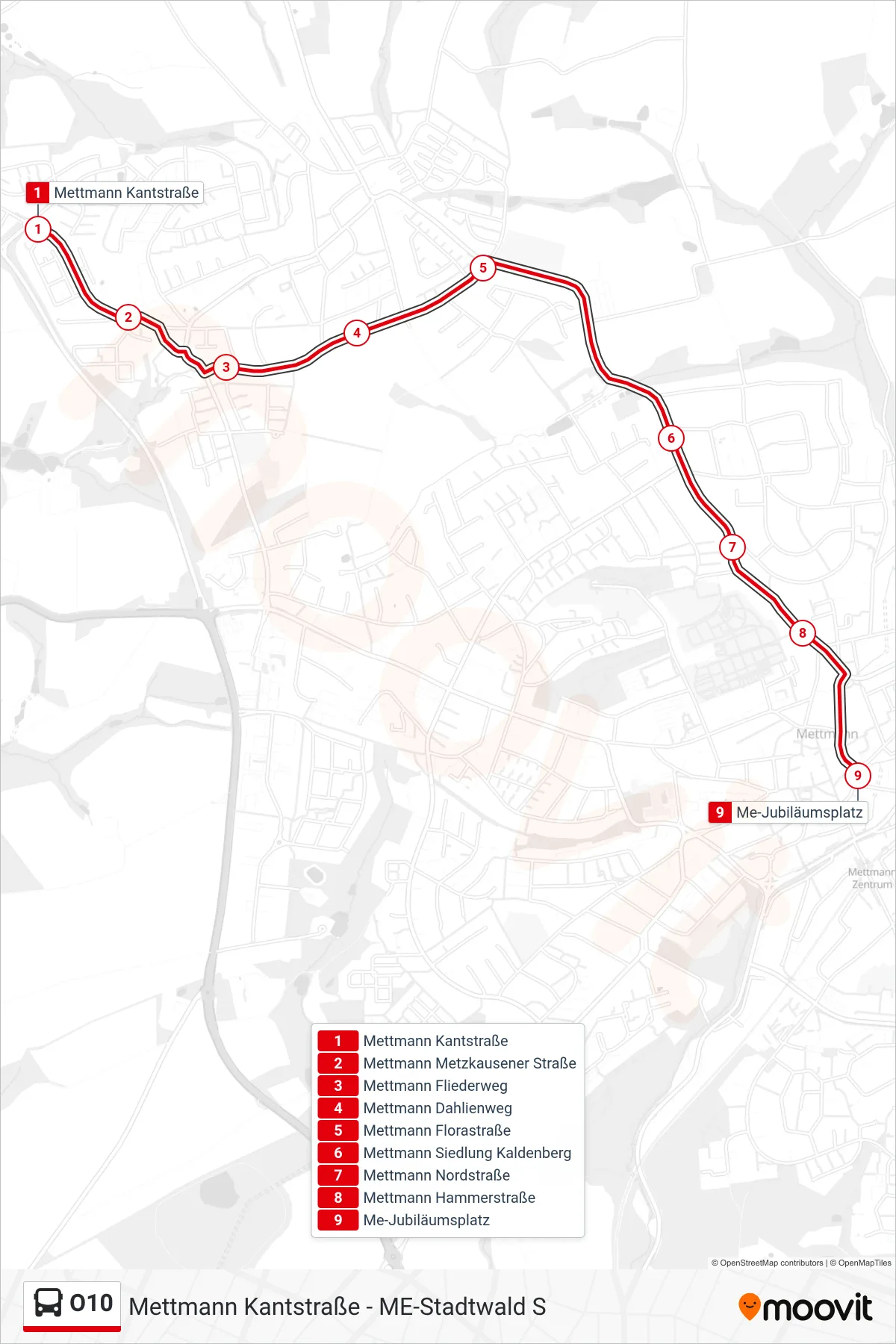 O10 bus Line (Me-Jubiläumsplatz) route and stops on a map