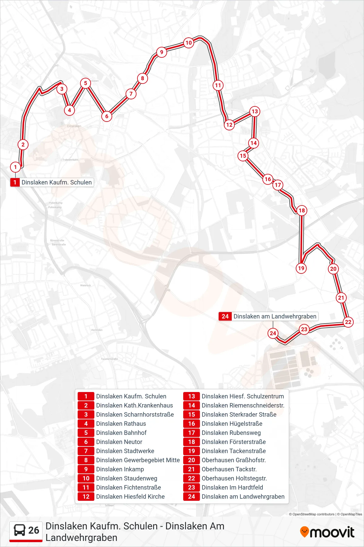 26 bus Line (Dinslaken am Landwehrgraben) route and stops on a map