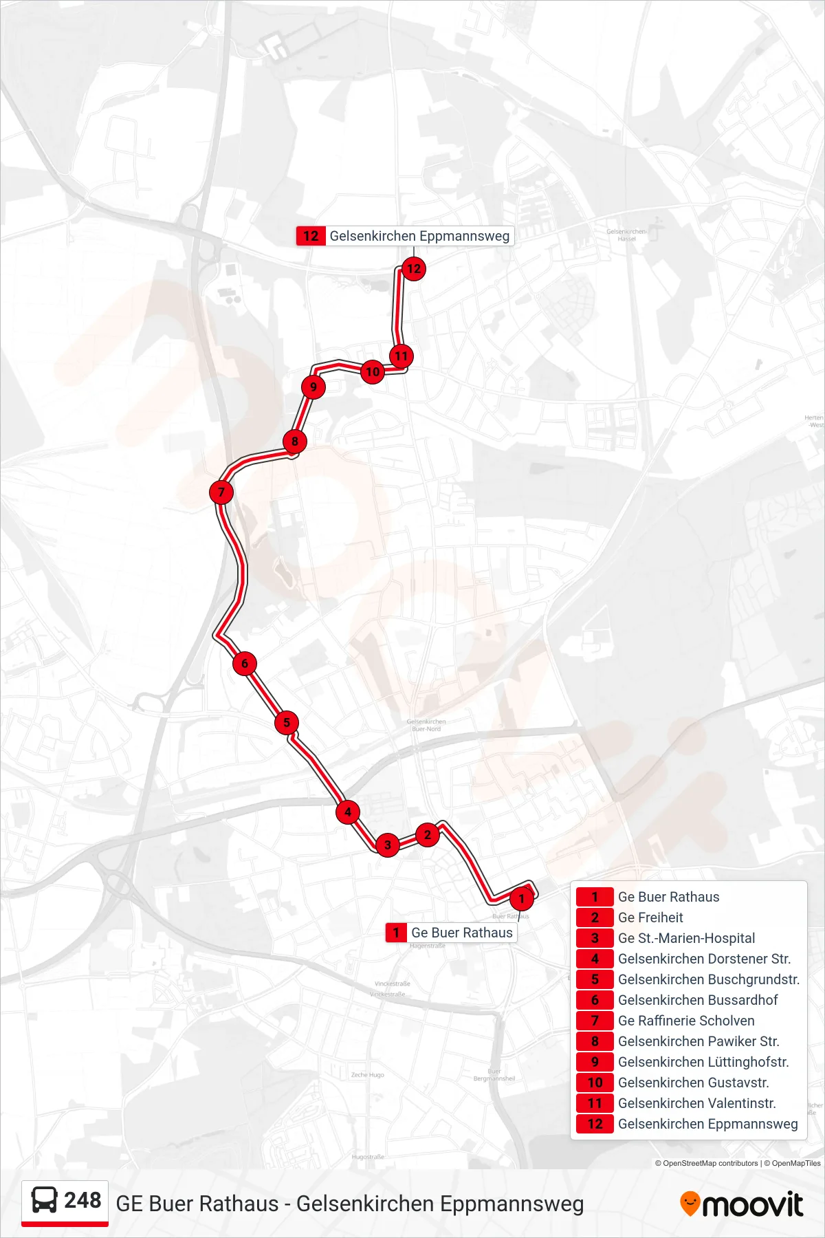 Linie 248 (Bus) Richtung Gelsenkirchen Eppmannsweg: Route und Haltestellen auf der Karte