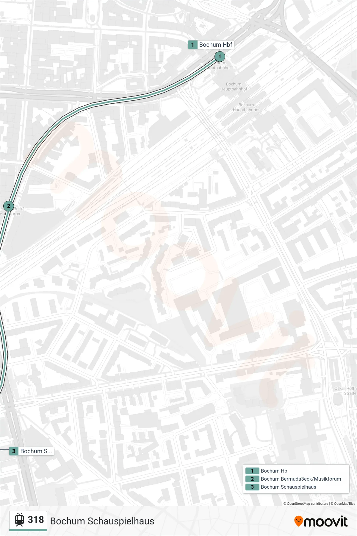 Linie 318 (Straßenbahn) Richtung Bochum Schauspielhaus: Route und Haltestellen auf der Karte