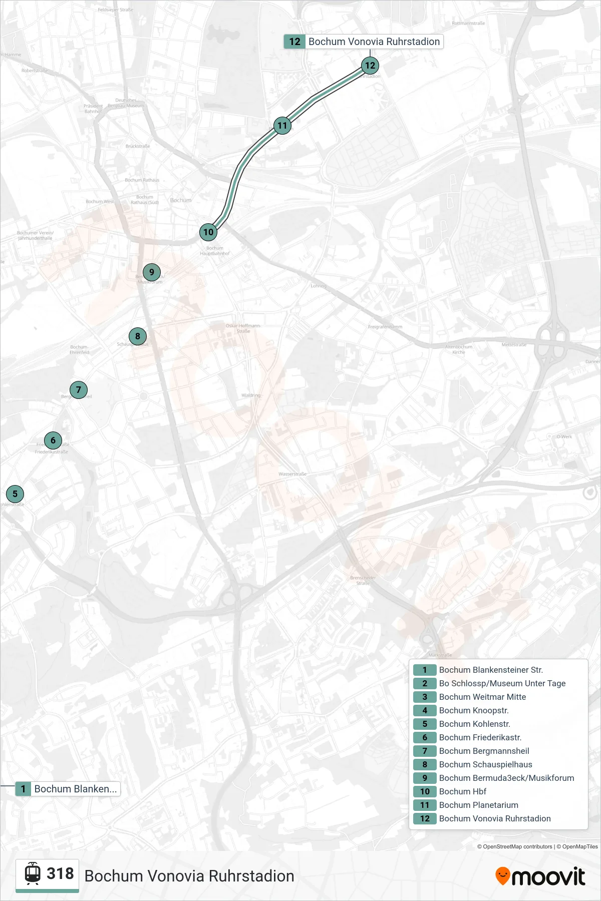 318 light rail Line (Bochum Vonovia Ruhrstadion) route and stops on a map