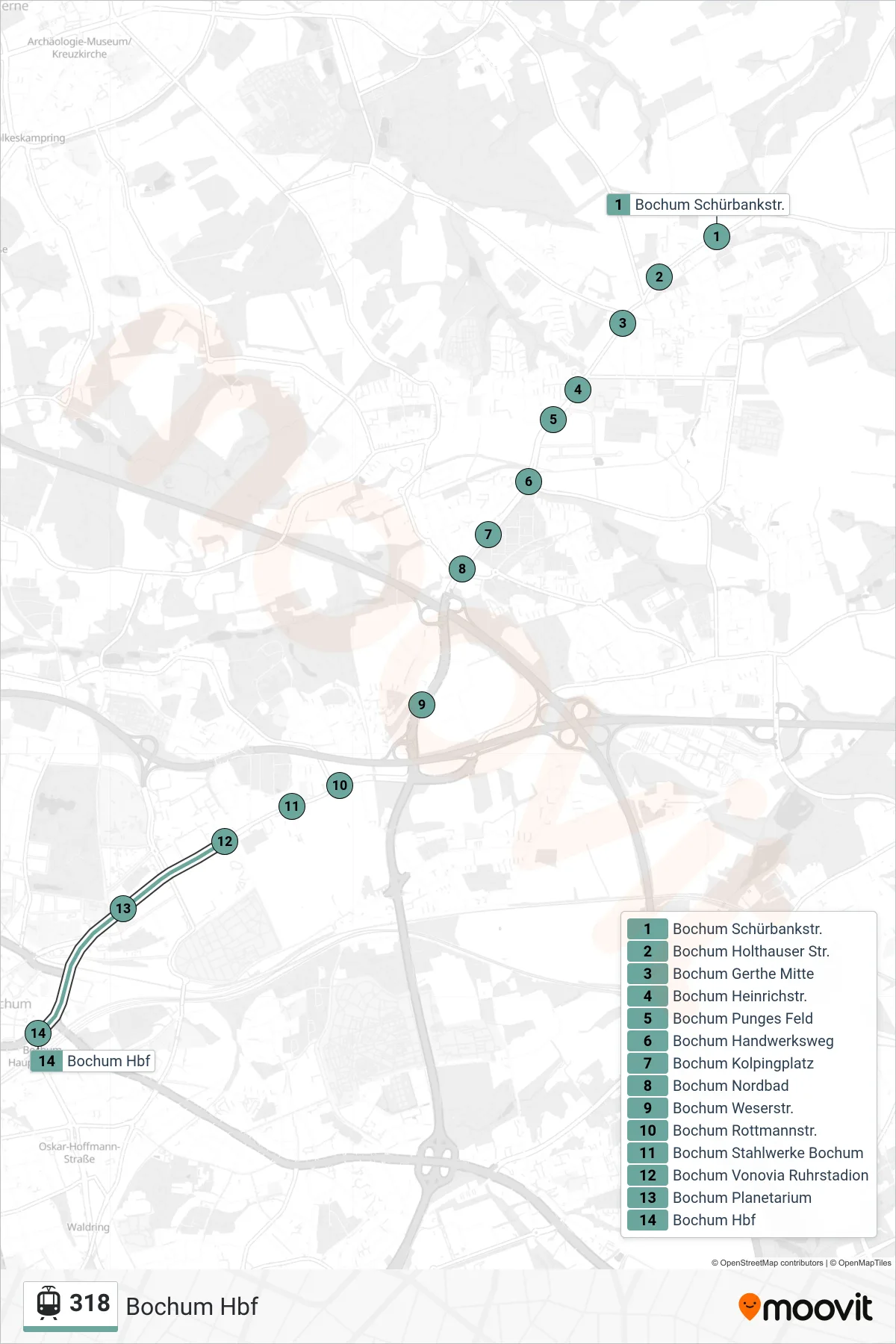Linie 318 (Straßenbahn) Richtung Bochum Hbf: Route und Haltestellen auf der Karte