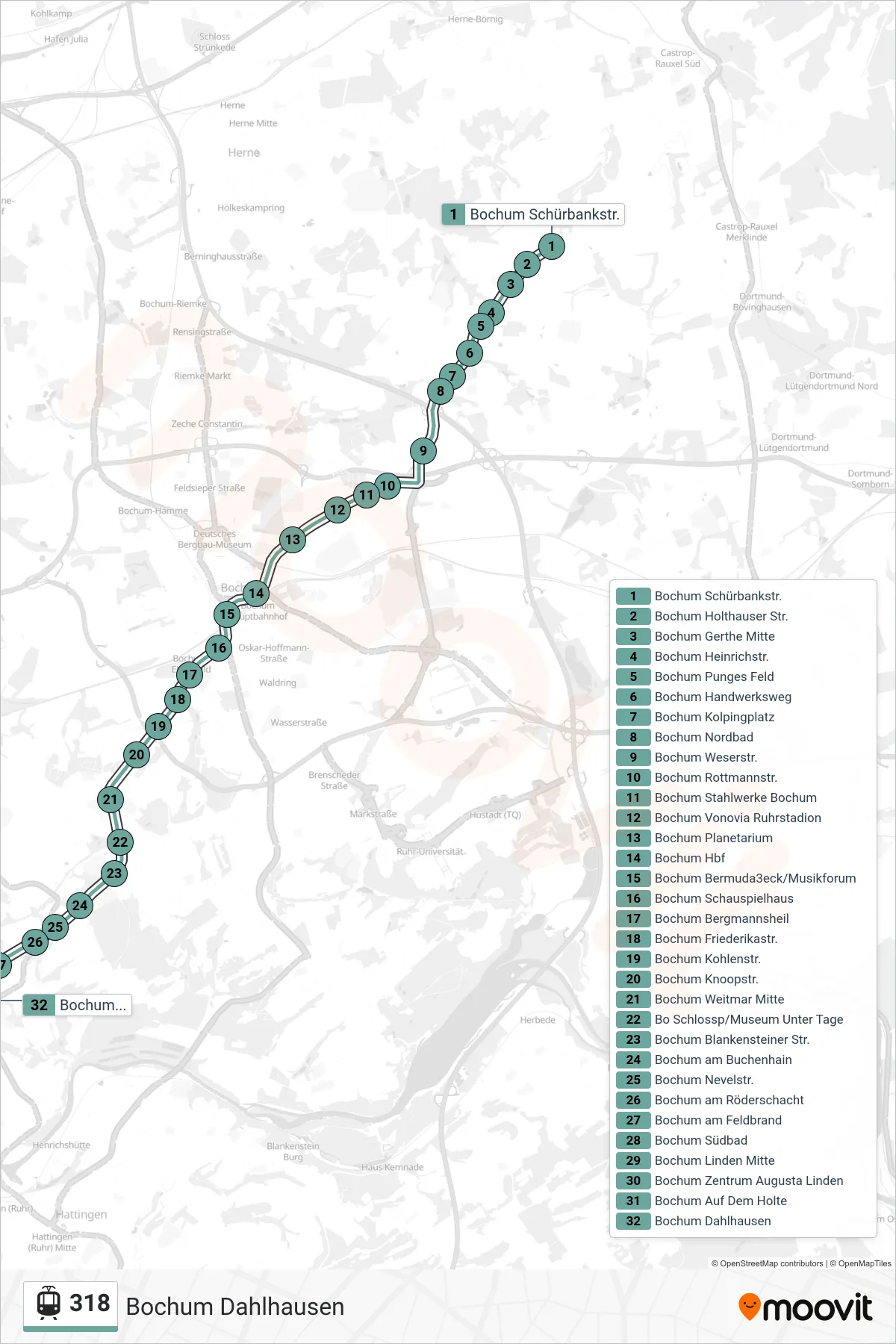 318 light rail Line (Bochum Dahlhausen) route and stops on a map