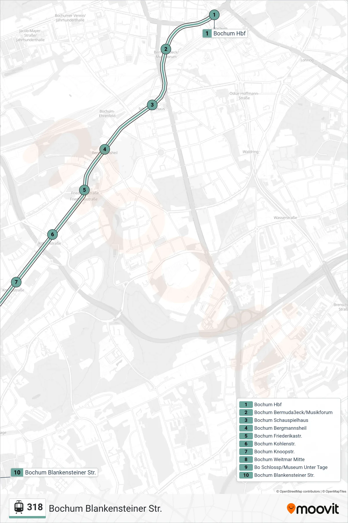 Linie 318 (Straßenbahn) Richtung Bochum Blankensteiner Str.: Route und Haltestellen auf der Karte