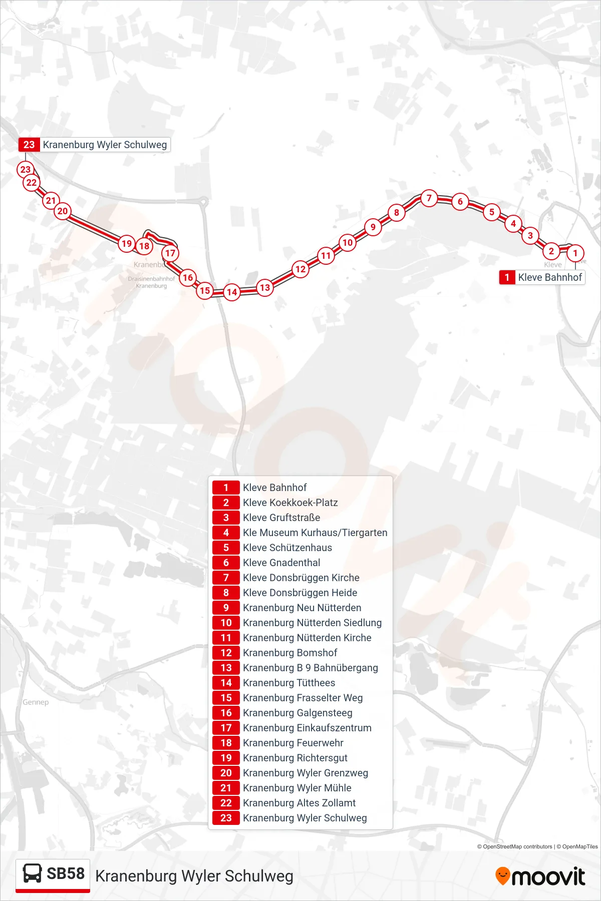 Linie SB58 (Bus) Richtung Kranenburg Wyler Schulweg: Route und Haltestellen auf der Karte