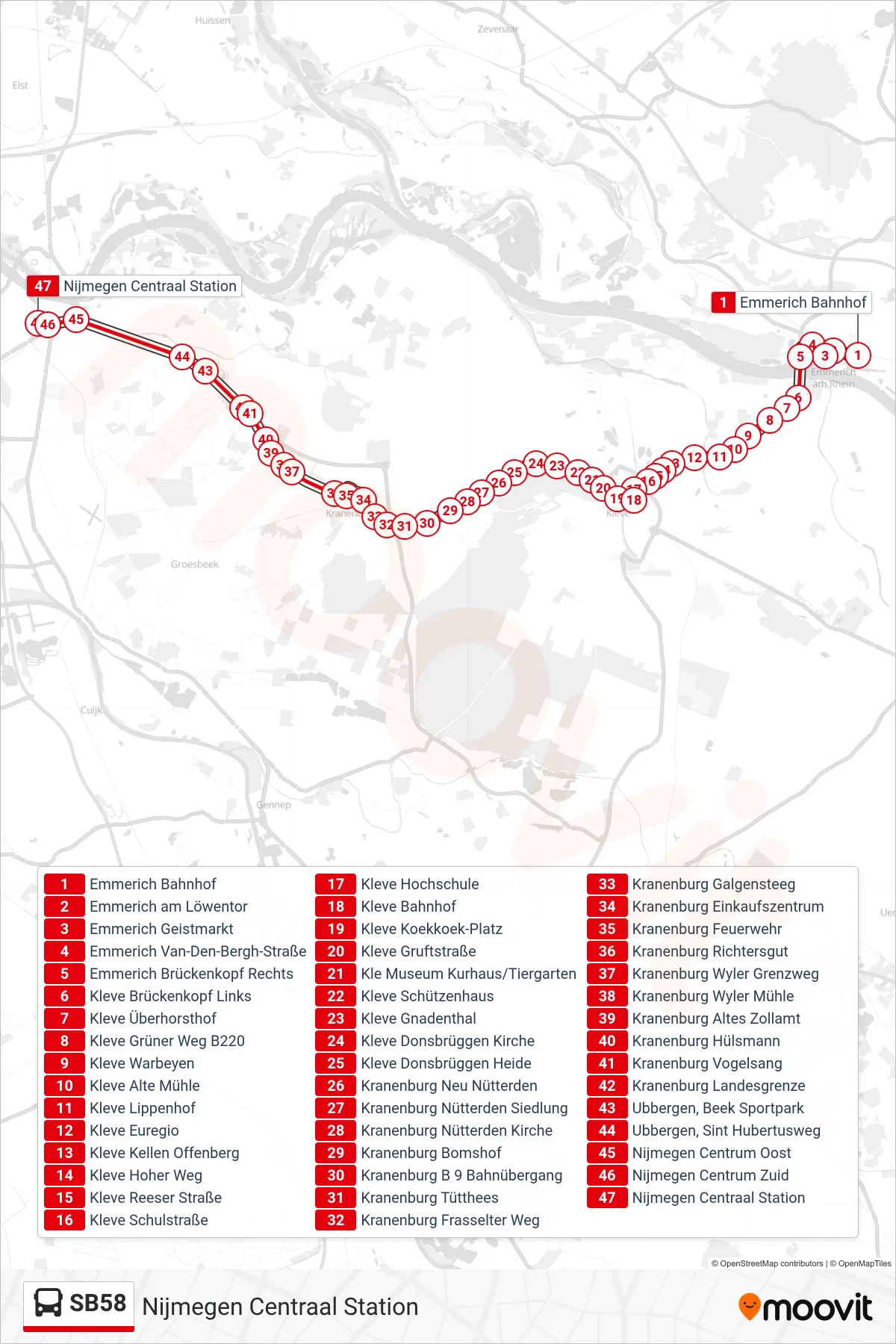 SB58 bus Line (Nijmegen Centraal Station) route and stops on a map