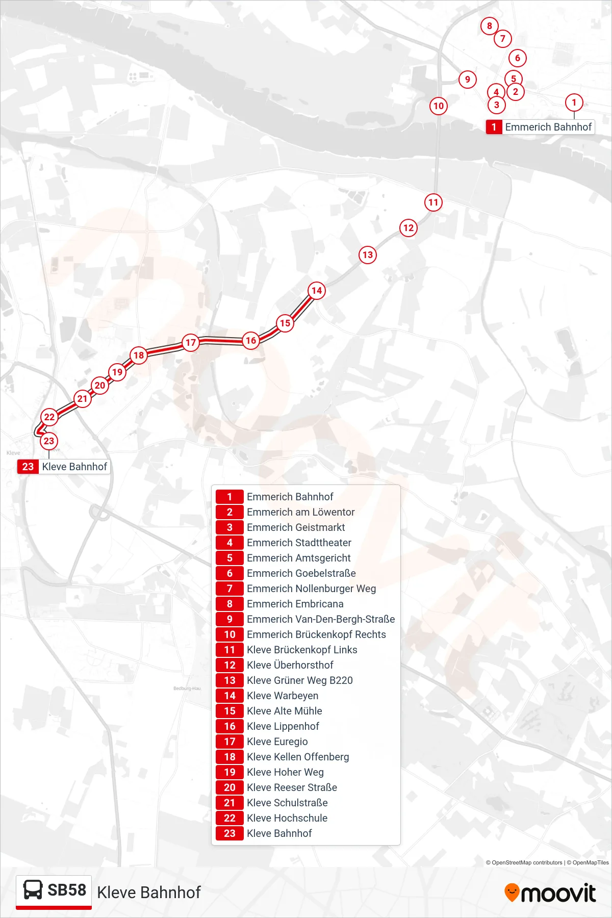 SB58 bus Line (Kleve Bahnhof) route and stops on a map