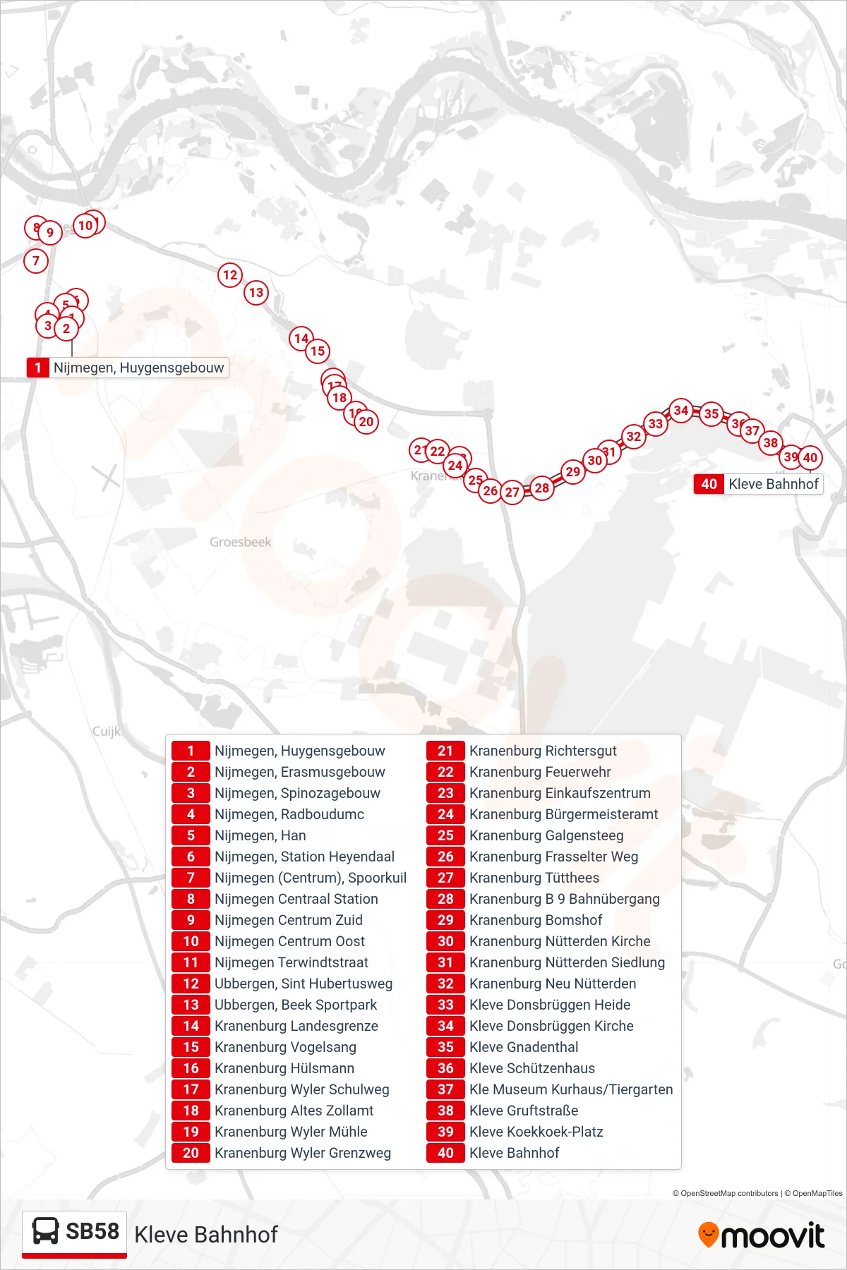 Linie SB58 (Bus) Richtung Kleve Bahnhof: Route und Haltestellen auf der Karte