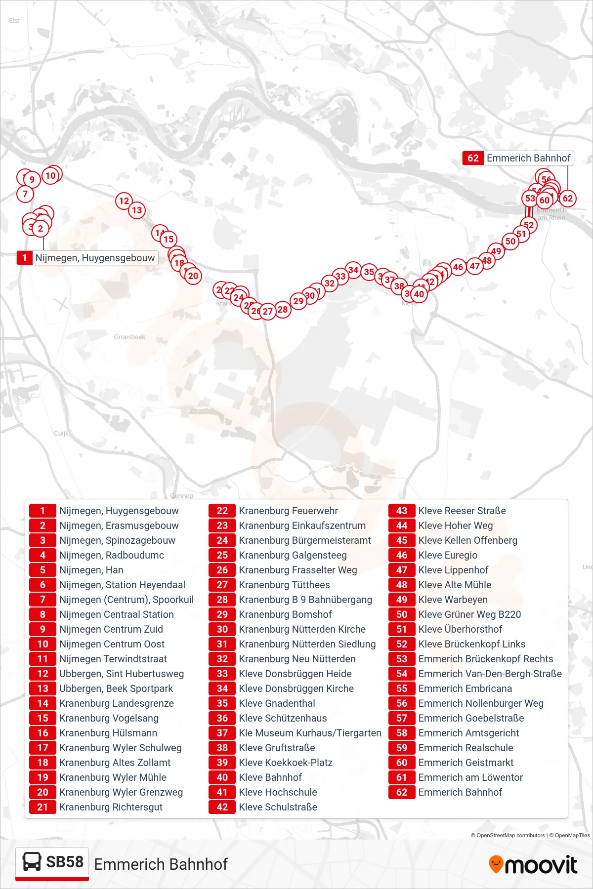 SB58 bus Line (Emmerich Bahnhof) route and stops on a map