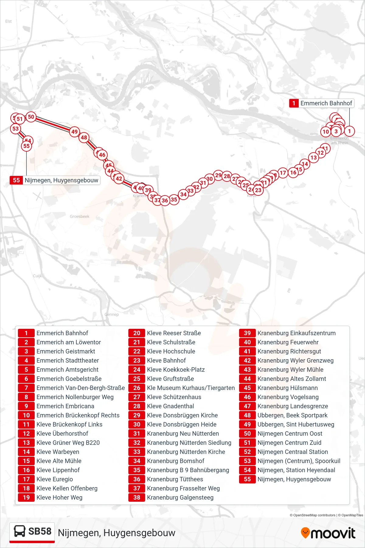 SB58 bus Line (Nijmegen, Huygensgebouw) route and stops on a map