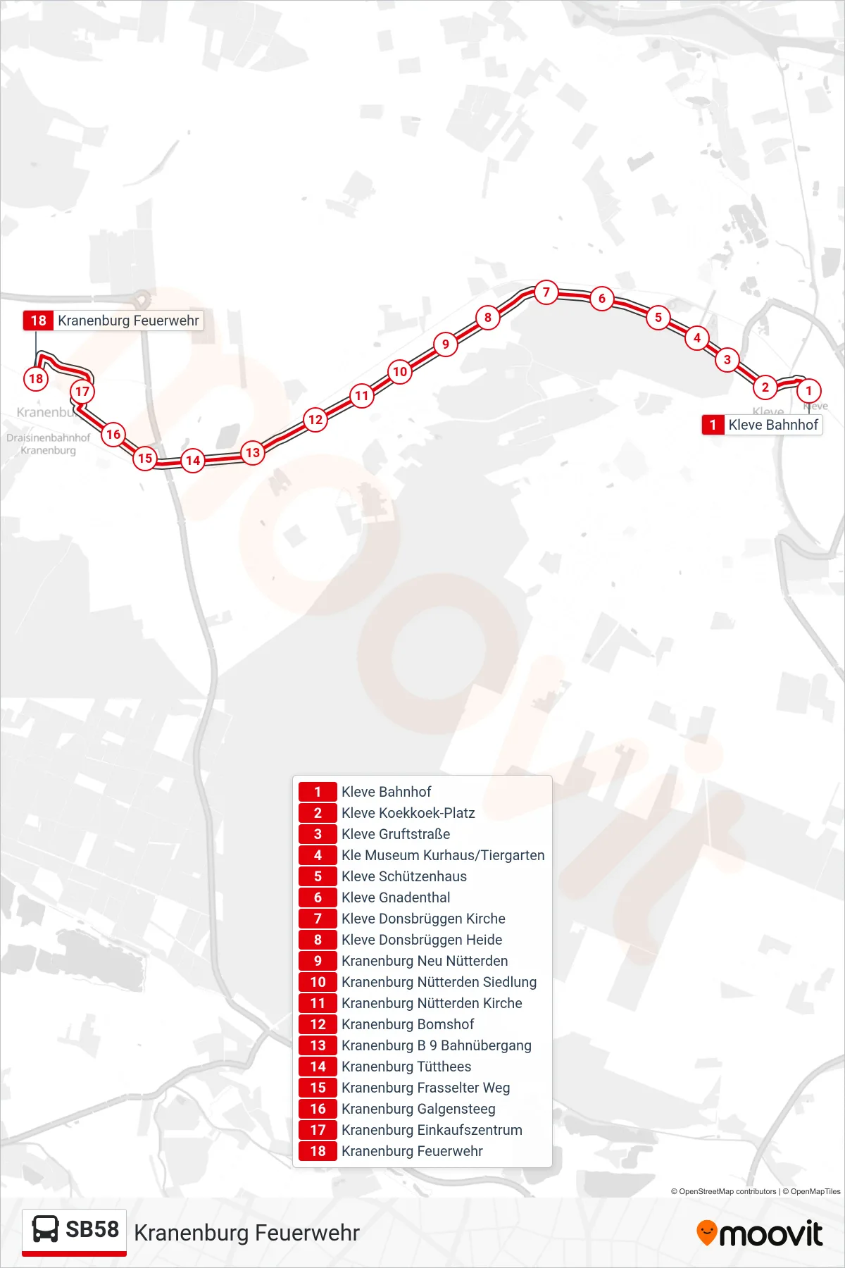 Linie SB58 (Bus) Richtung Kranenburg Feuerwehr: Route und Haltestellen auf der Karte