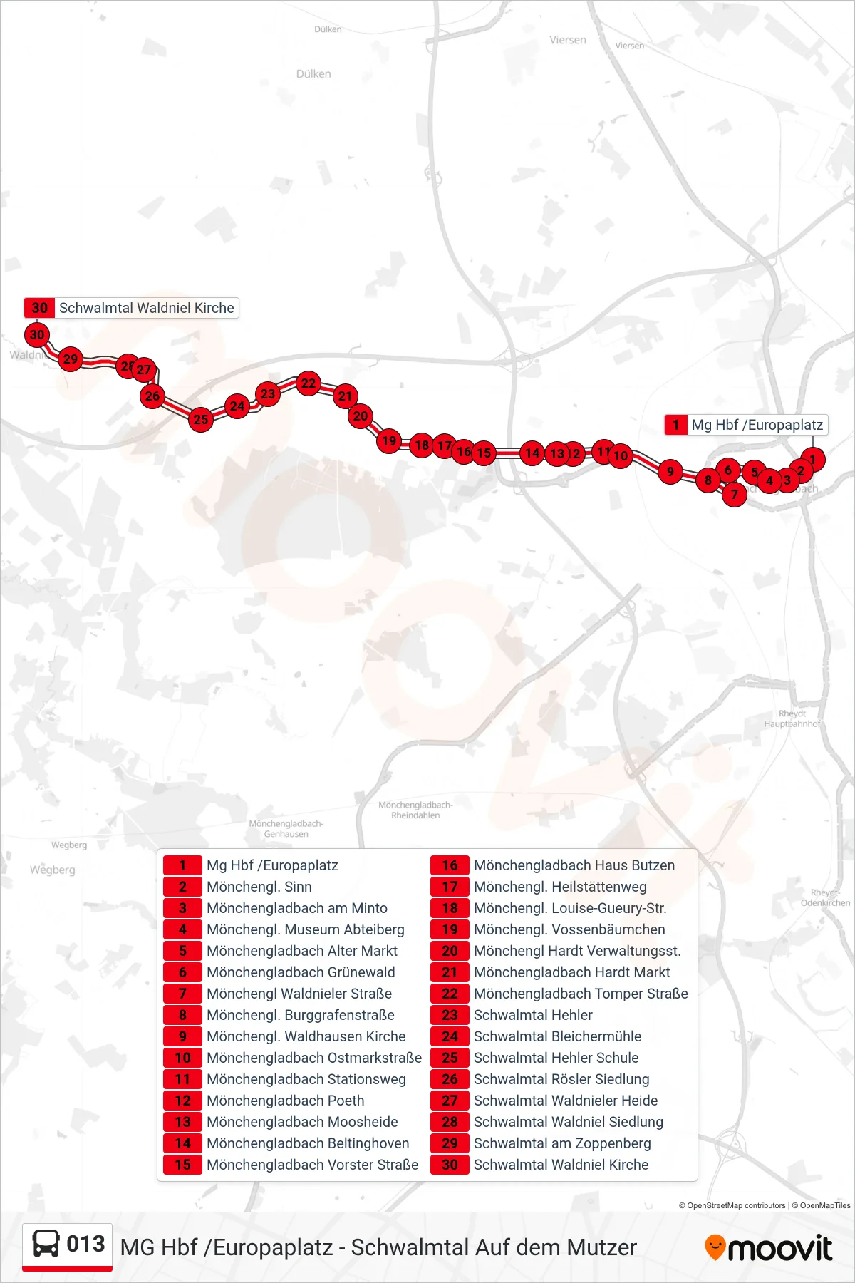 013 bus Line (Schwalmtal Waldniel Kirche) route and stops on a map