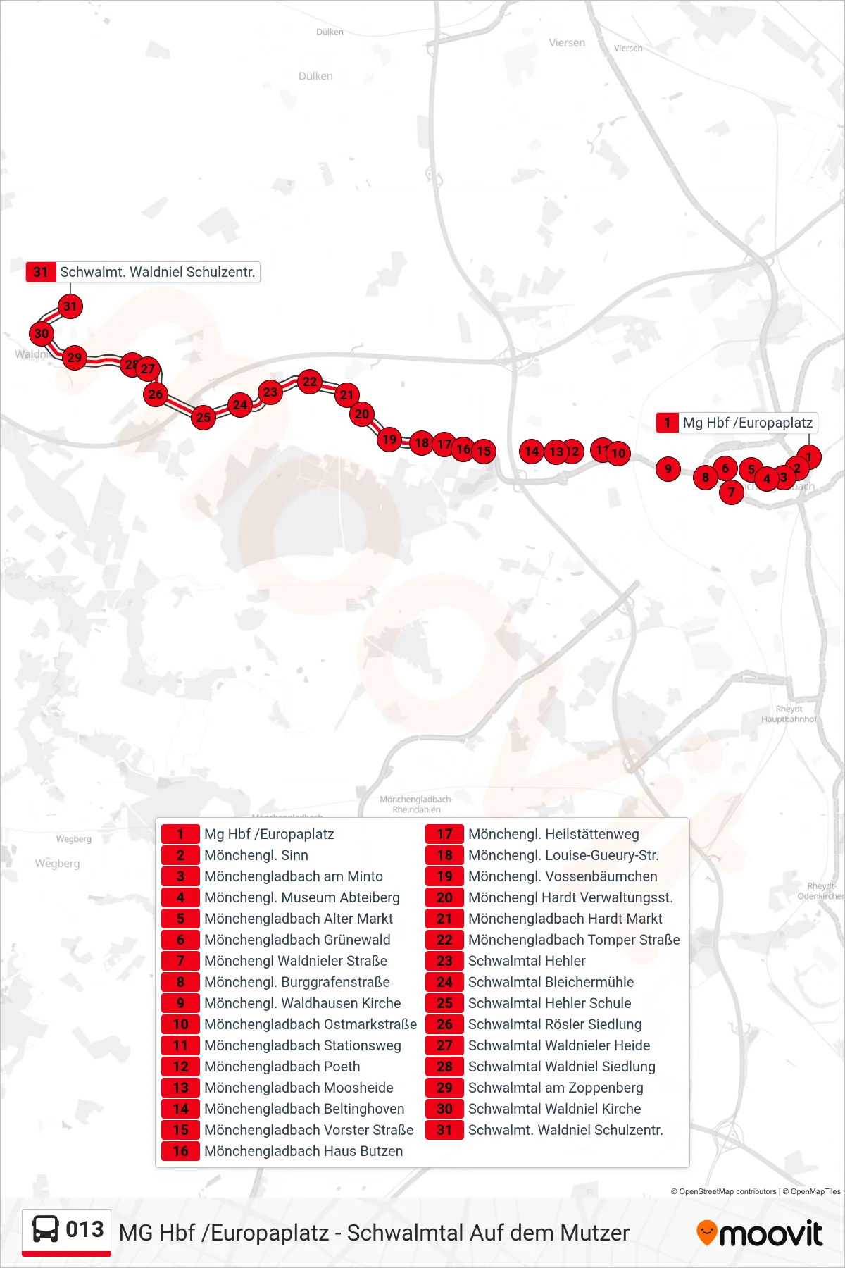 Linie 013 (Bus) Richtung Schwalmt. Waldniel Schulzentr.: Route und Haltestellen auf der Karte