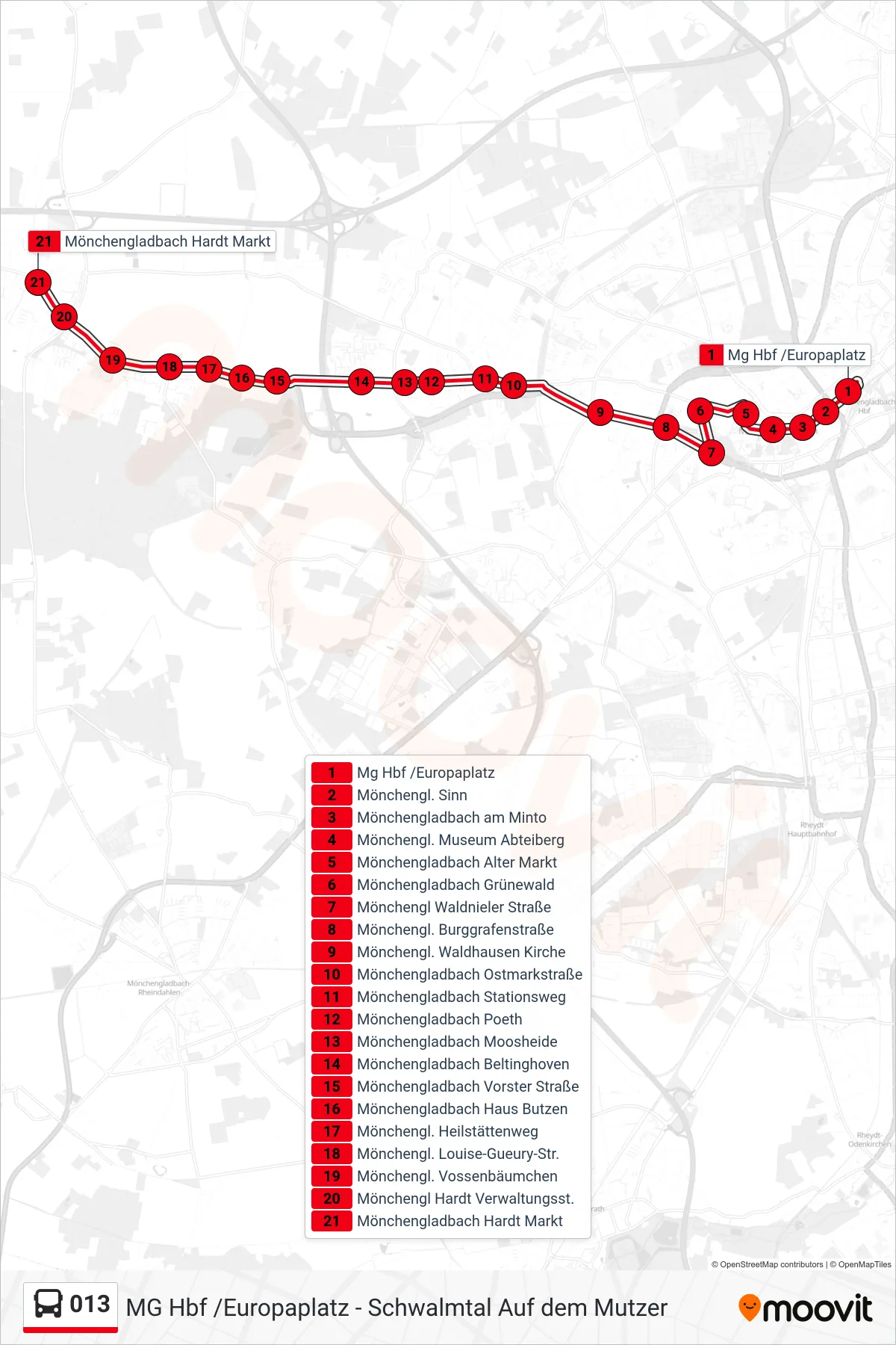 Linie 013 (Bus) Richtung Mönchengladbach Hardt Markt: Route und Haltestellen auf der Karte