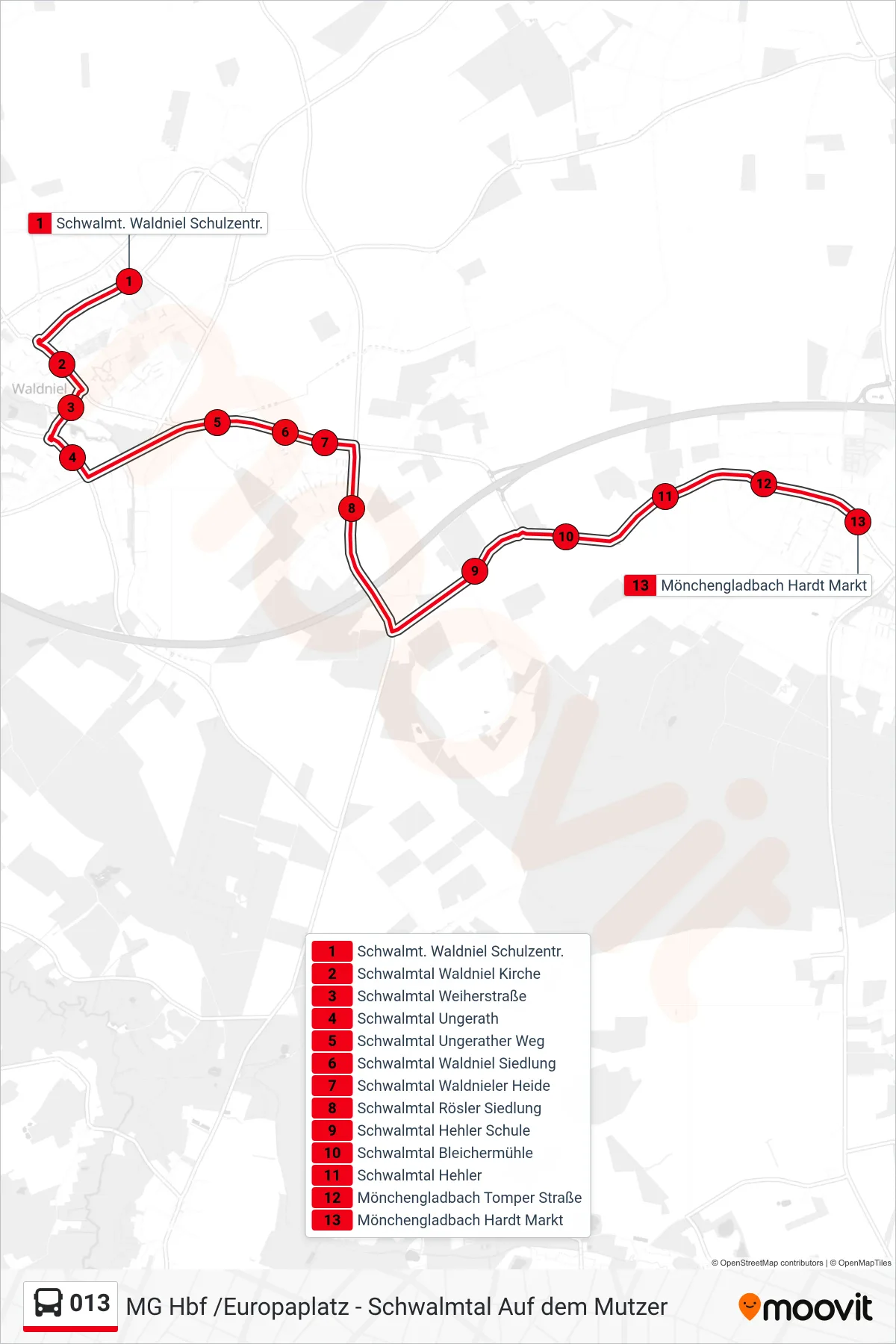 013 bus Line (Mönchengladbach Hardt Markt) route and stops on a map