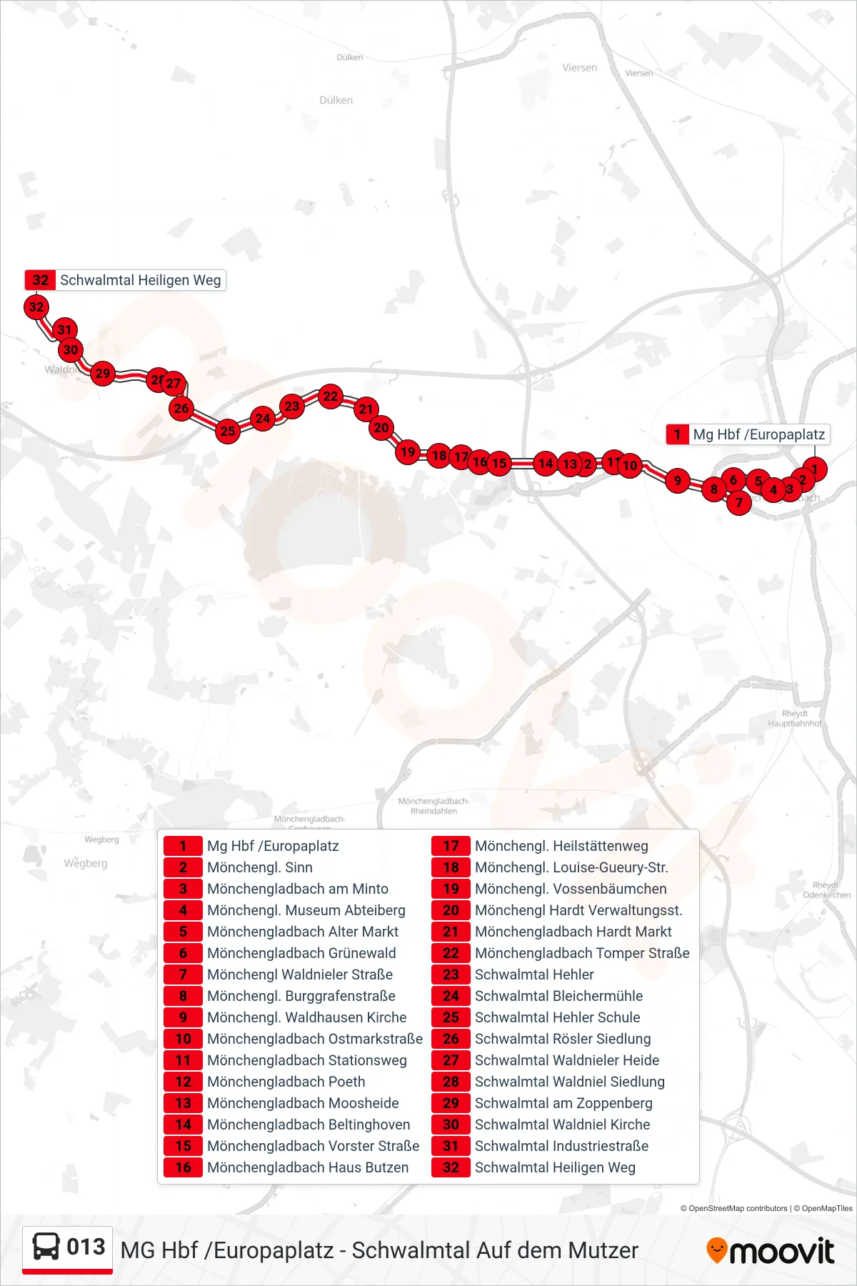 Linie 013 (Bus) Richtung Schwalmtal Heiligen Weg: Route und Haltestellen auf der Karte