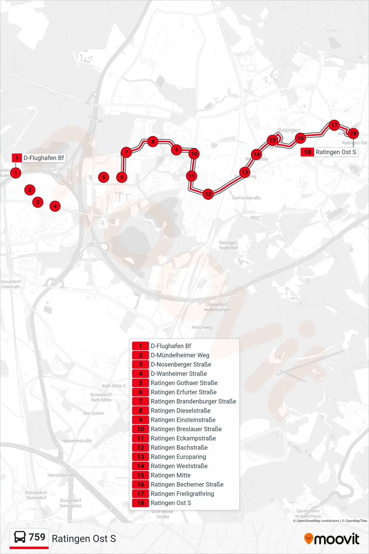 Linie 759 (Bus) Richtung Ratingen Ost S: Route und Haltestellen auf der Karte