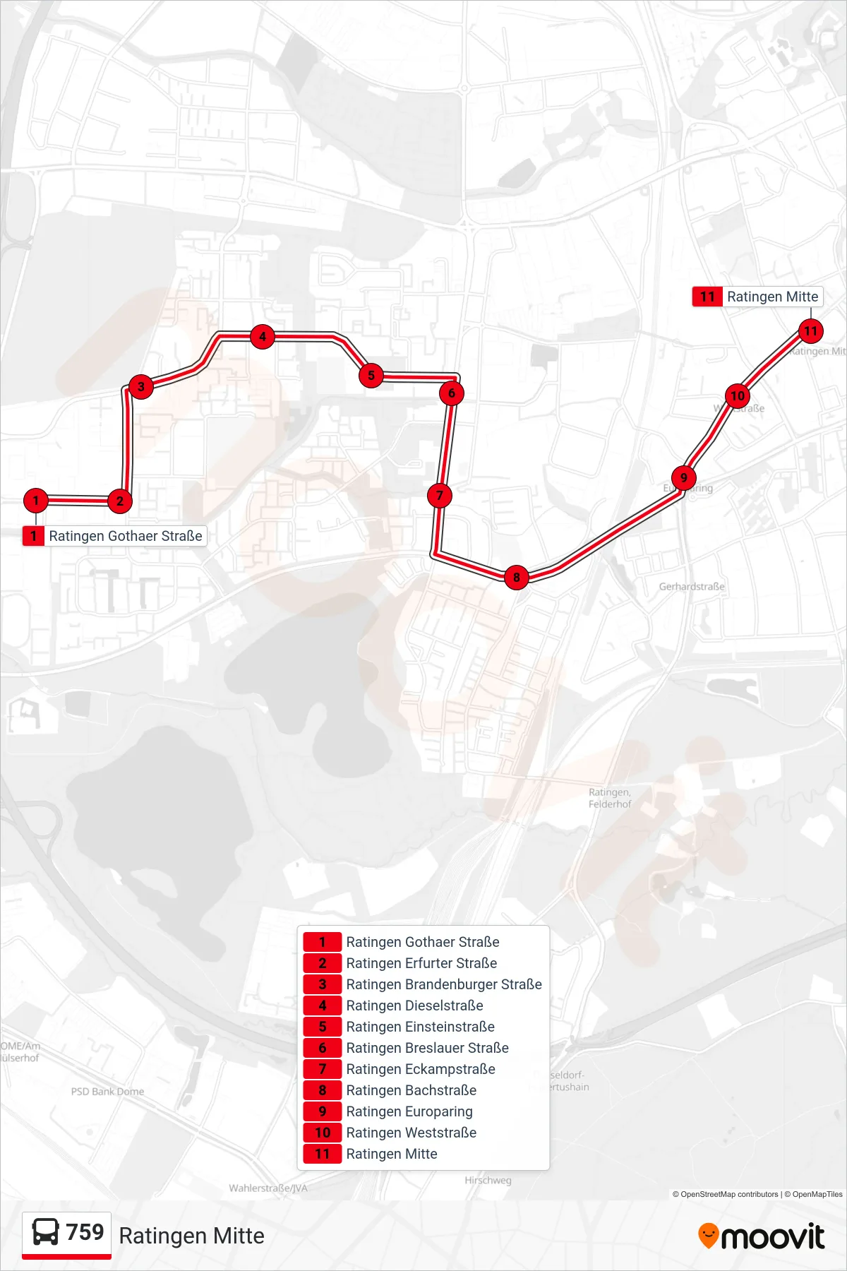 Linie 759 (Bus) Richtung Ratingen Mitte: Route und Haltestellen auf der Karte