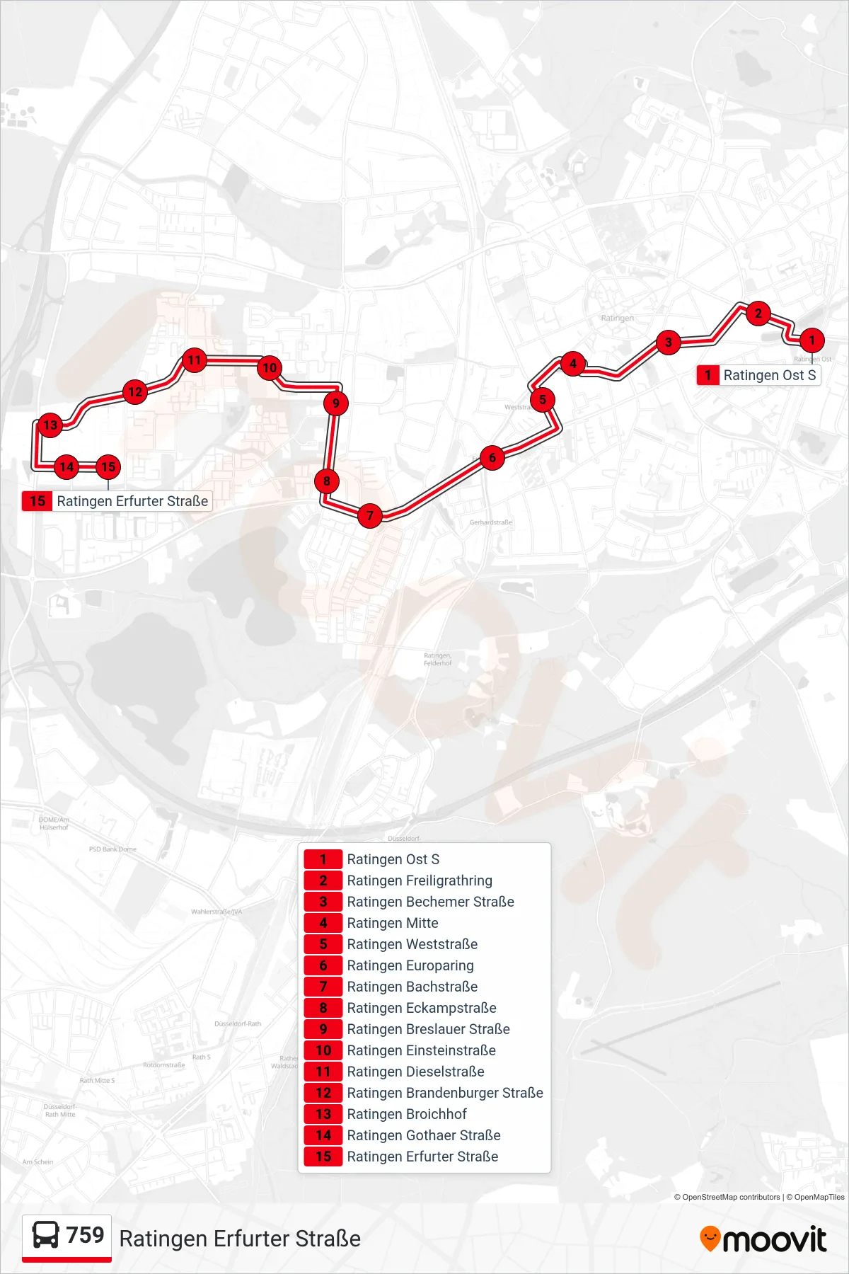 Linie 759 (Bus) Richtung Ratingen Erfurter Straße: Route und Haltestellen auf der Karte