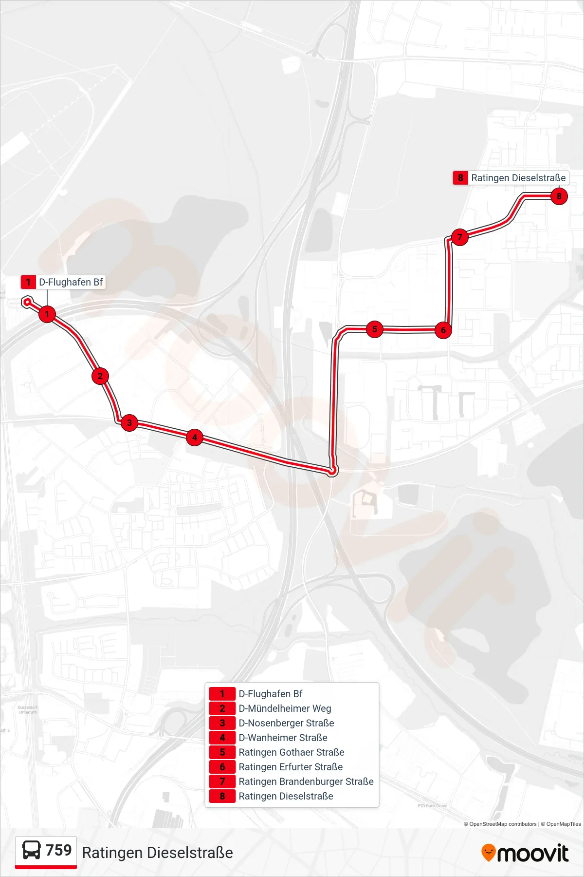 759 bus Line (Ratingen Dieselstraße) route and stops on a map