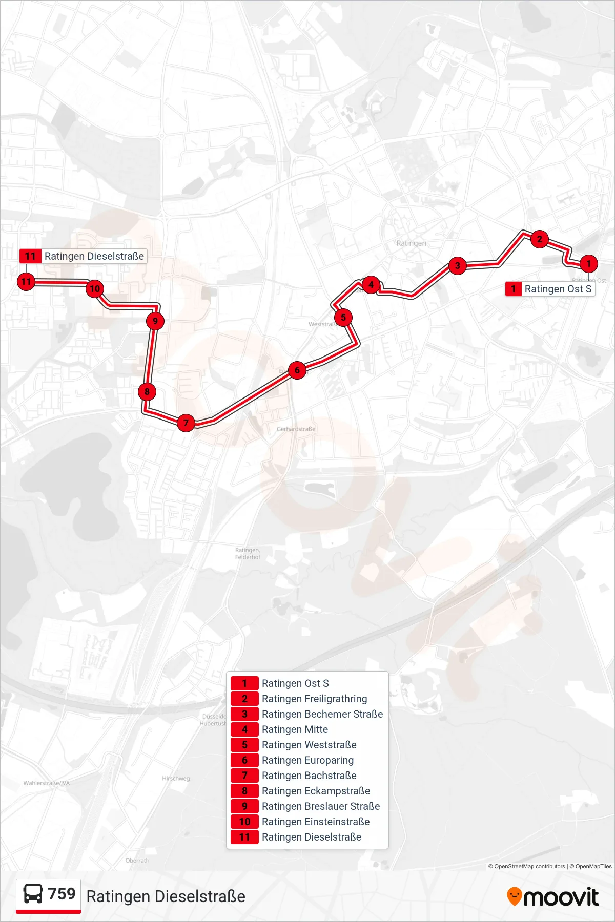 Linie 759 (Bus) Richtung Ratingen Dieselstraße: Route und Haltestellen auf der Karte