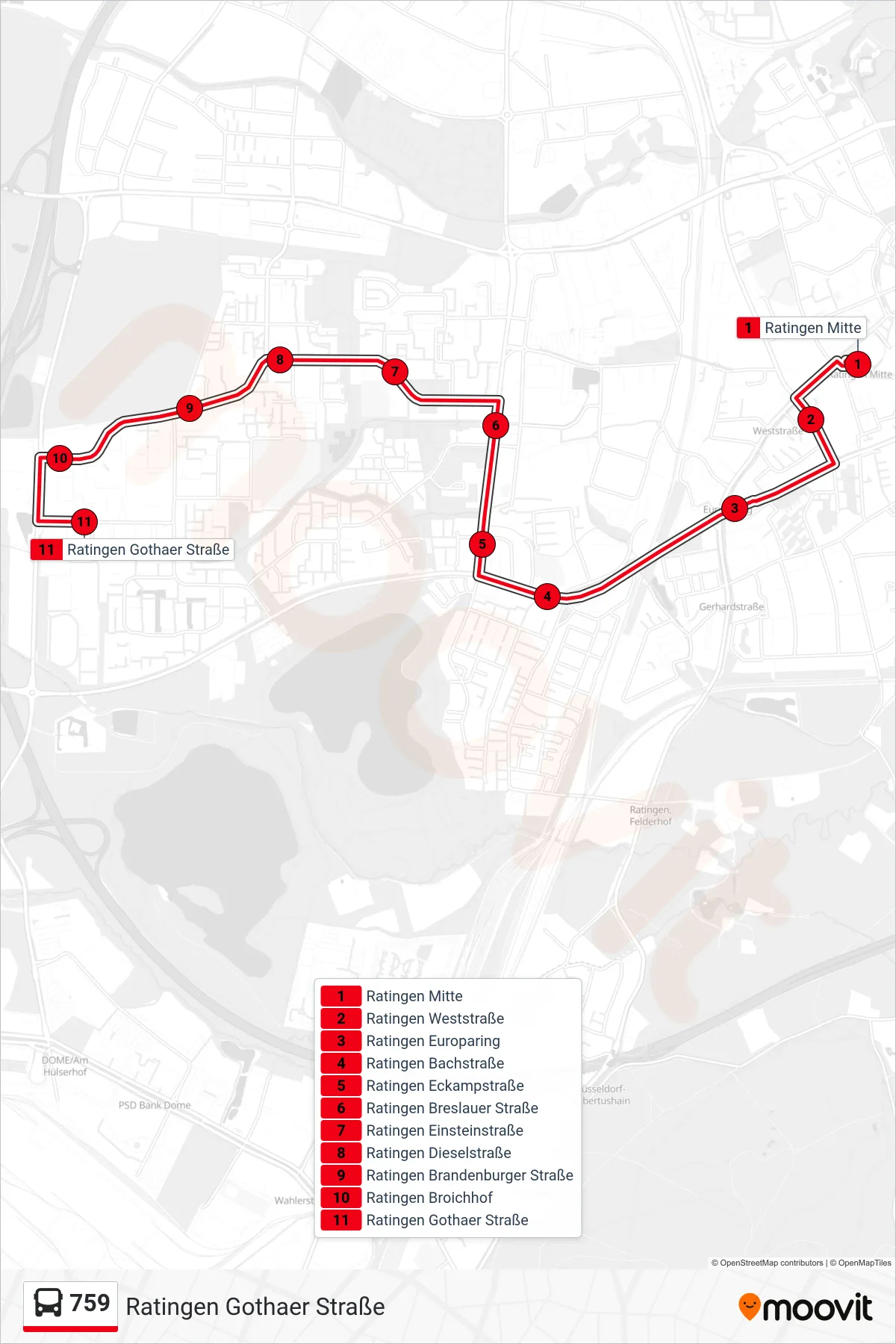 Linie 759 (Bus) Richtung Ratingen Gothaer Straße: Route und Haltestellen auf der Karte