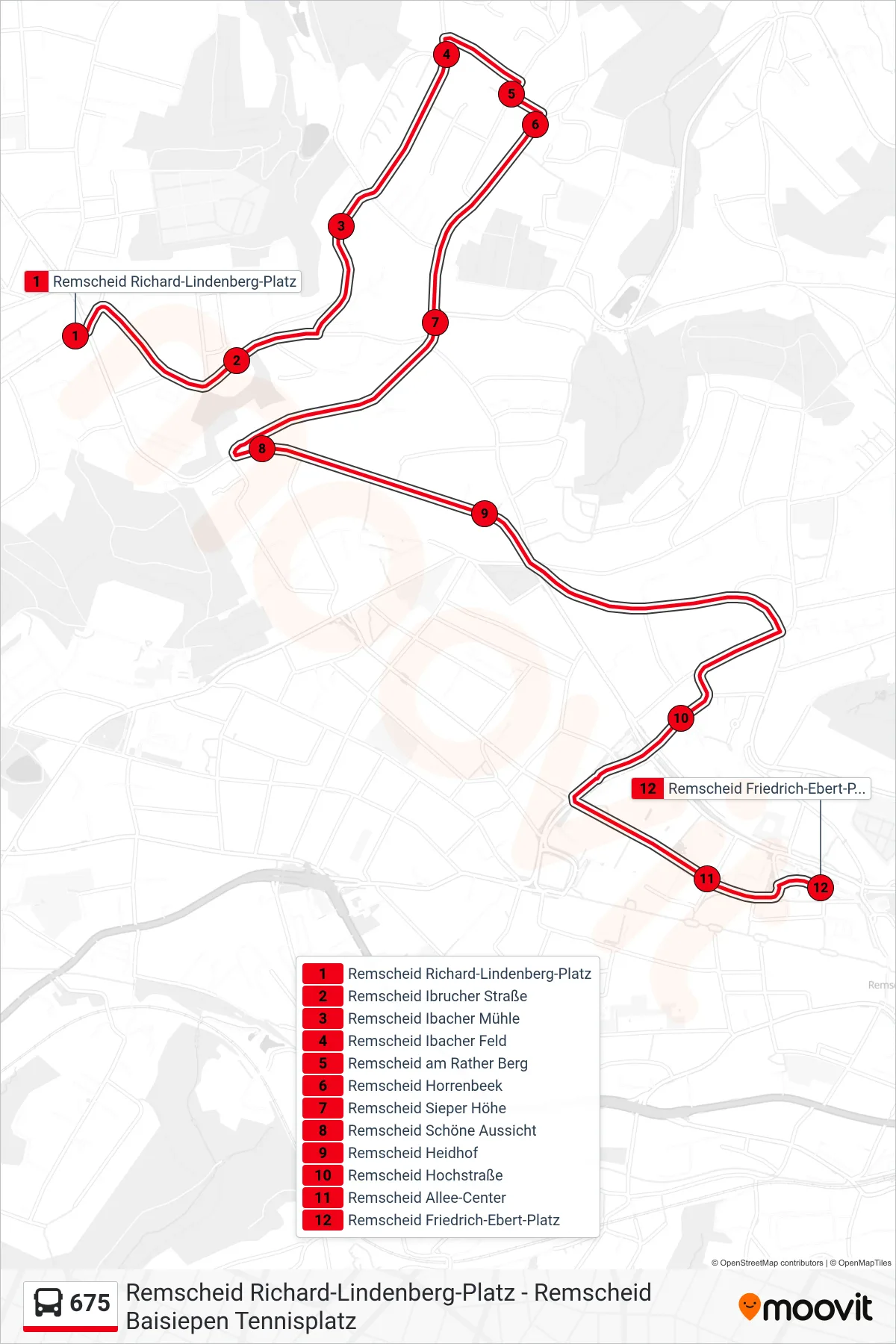 Linie 675 (Bus) Richtung Remscheid Friedrich-Ebert-Platz: Route und Haltestellen auf der Karte