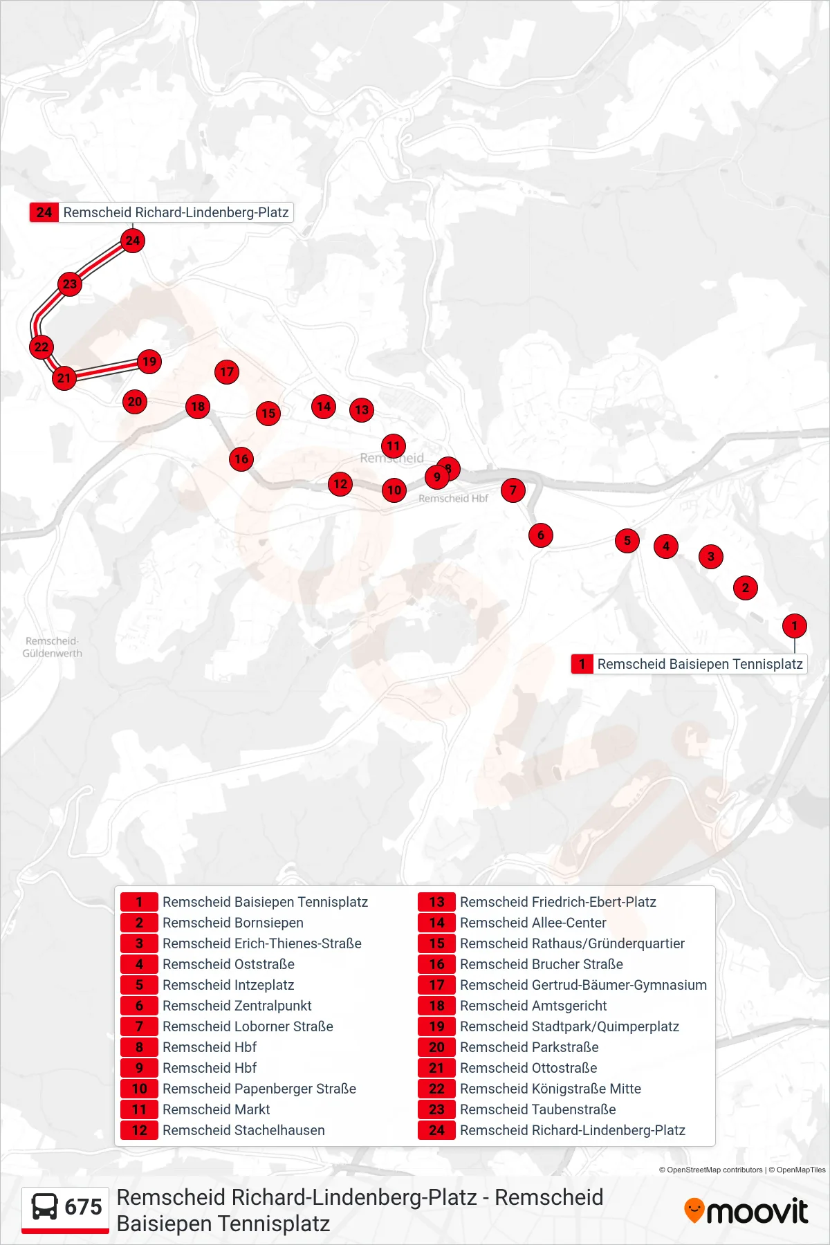 Linie 675 (Bus) Richtung Remscheid Richard-Lindenberg-Platz: Route und Haltestellen auf der Karte