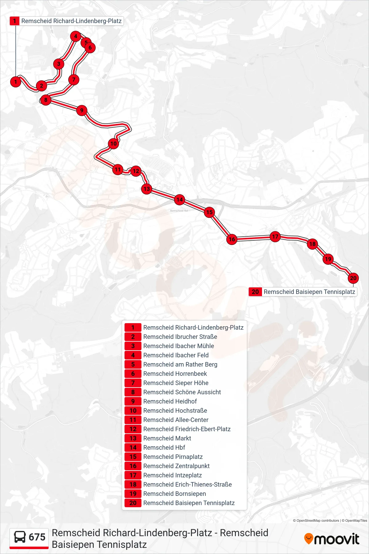 675 bus Line (Remscheid Baisiepen Tennisplatz) route and stops on a map