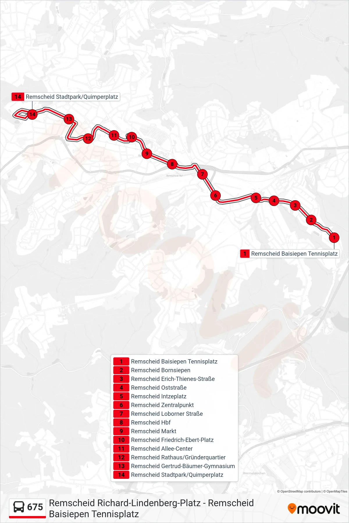 675 bus Line (Remscheid Stadtpark/Quimperplatz) route and stops on a map
