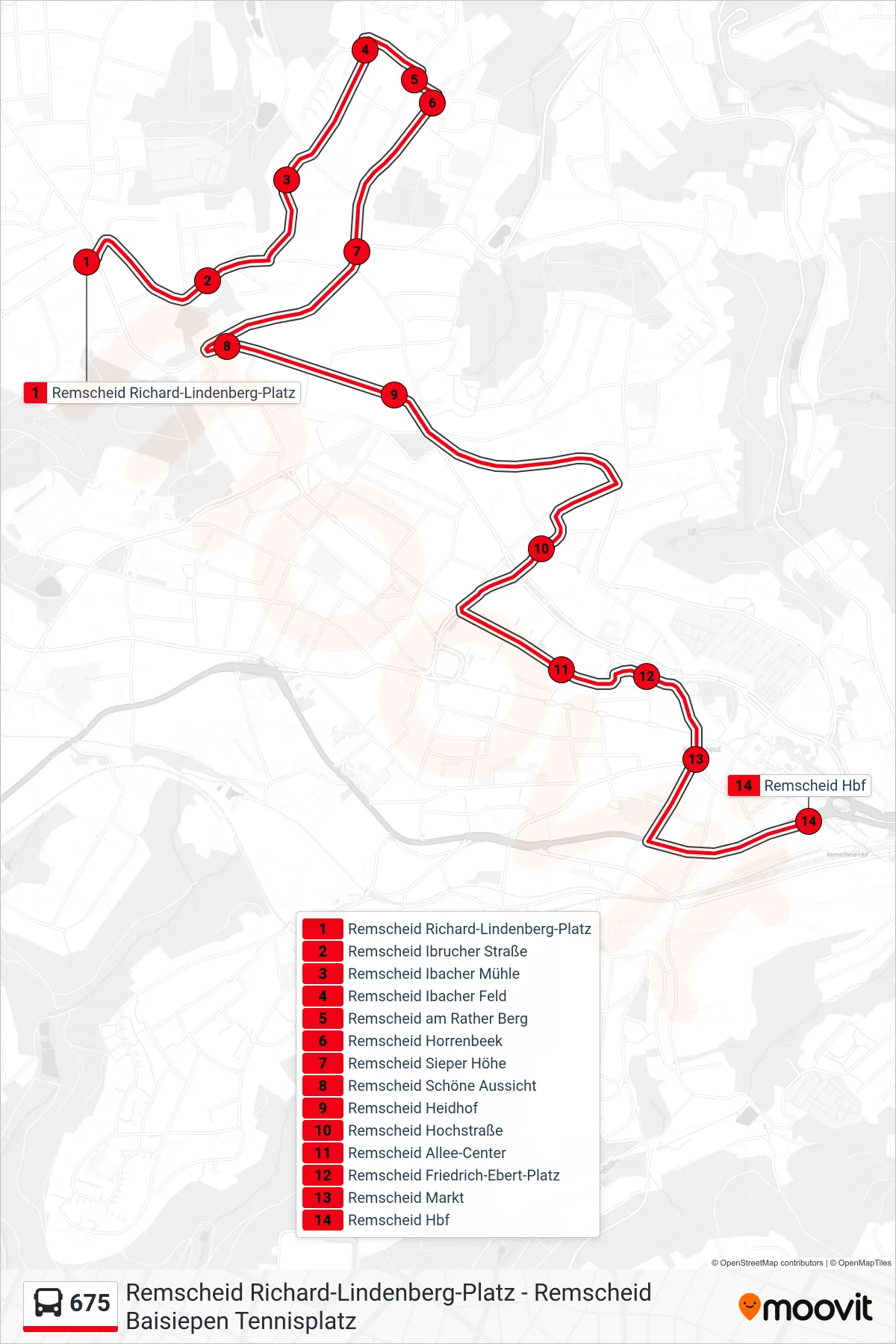 Linie 675 (Bus) Richtung Remscheid Hbf: Route und Haltestellen auf der Karte
