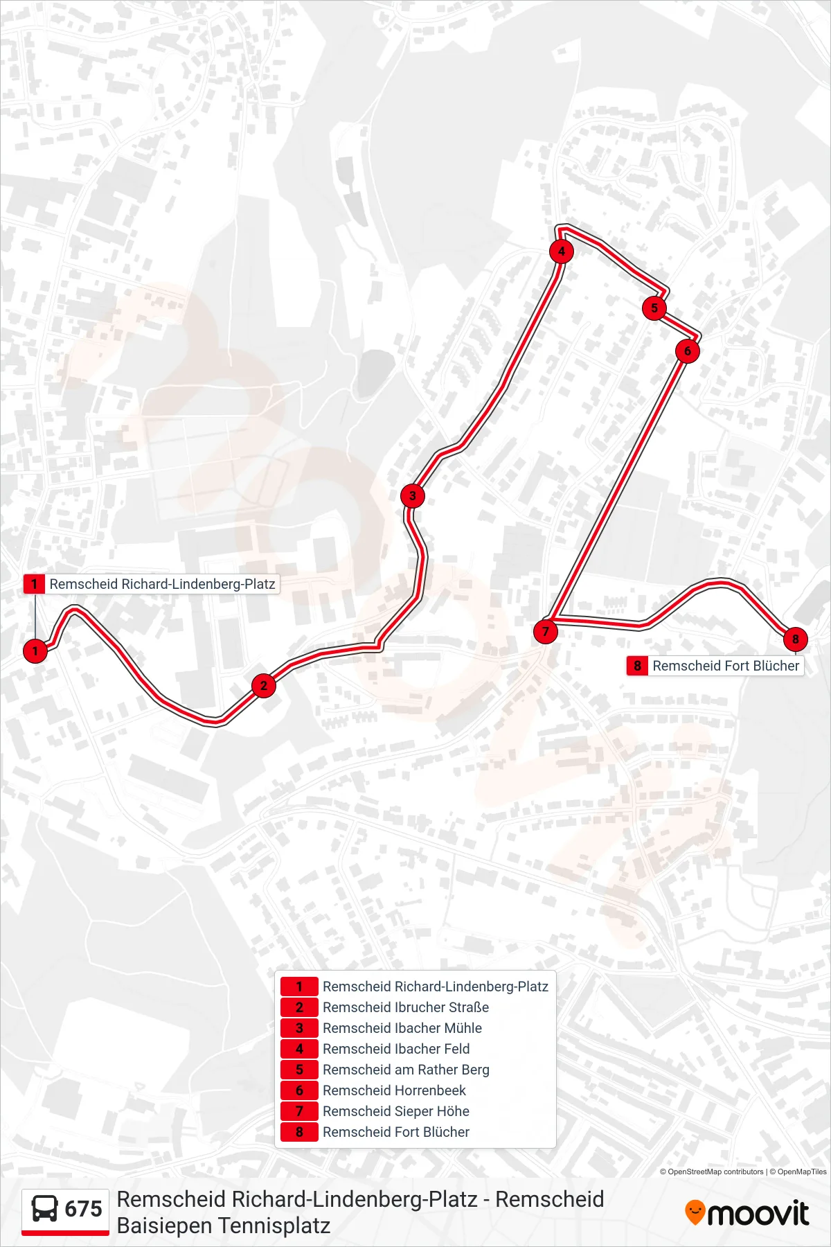 675 bus Line (Remscheid Fort Blücher) route and stops on a map