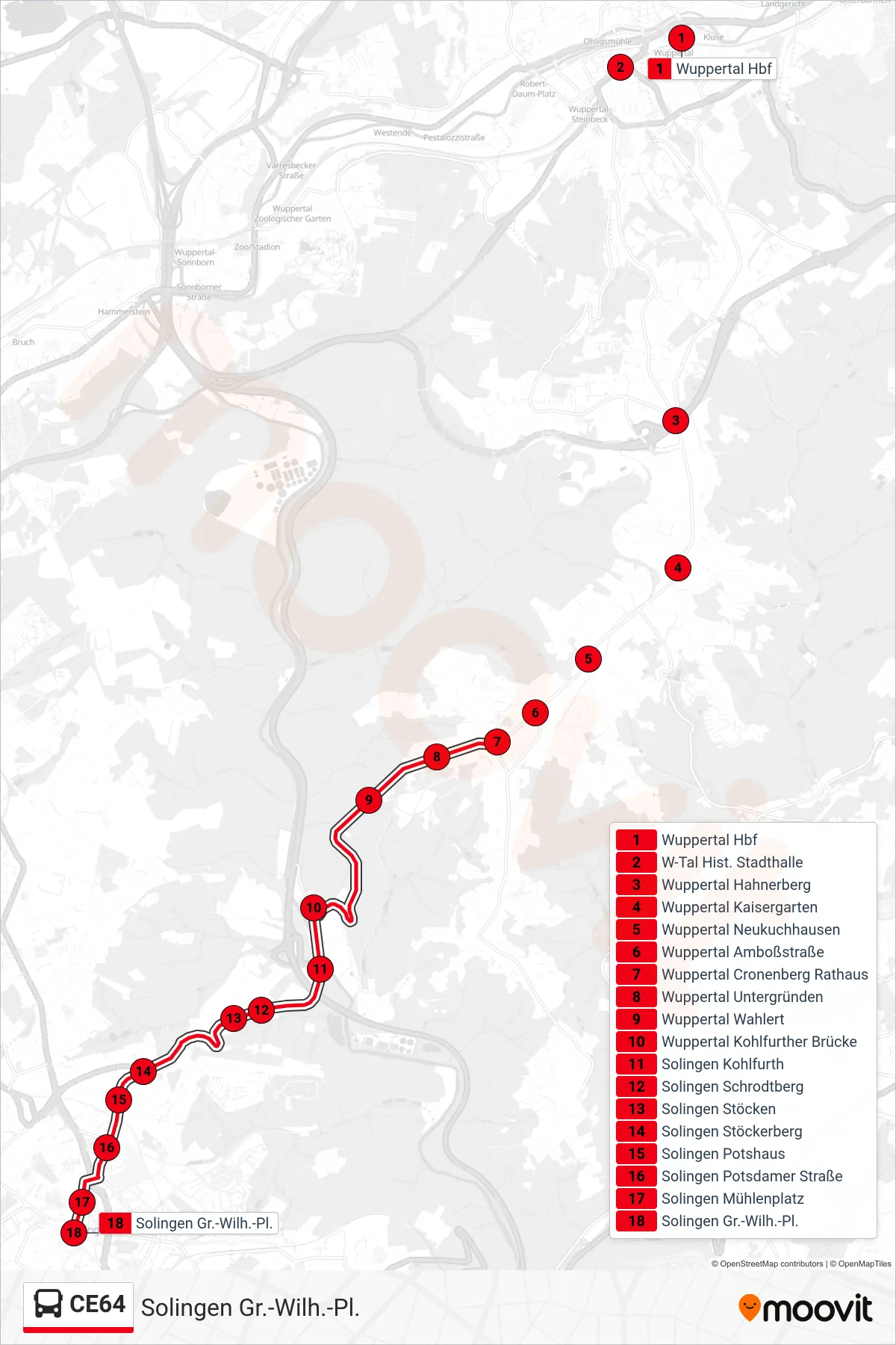 Linie CE64 (Bus) Richtung Solingen Gr.-Wilh.-Pl.: Route und Haltestellen auf der Karte