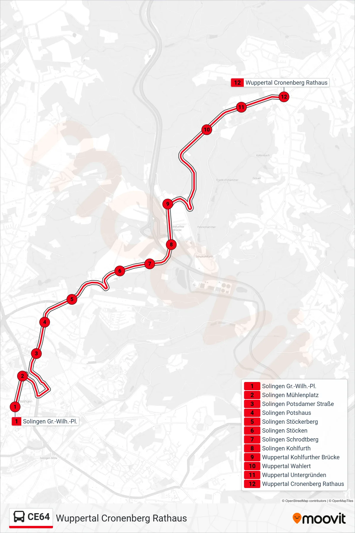 Linie CE64 (Bus) Richtung Wuppertal Cronenberg Rathaus: Route und Haltestellen auf der Karte