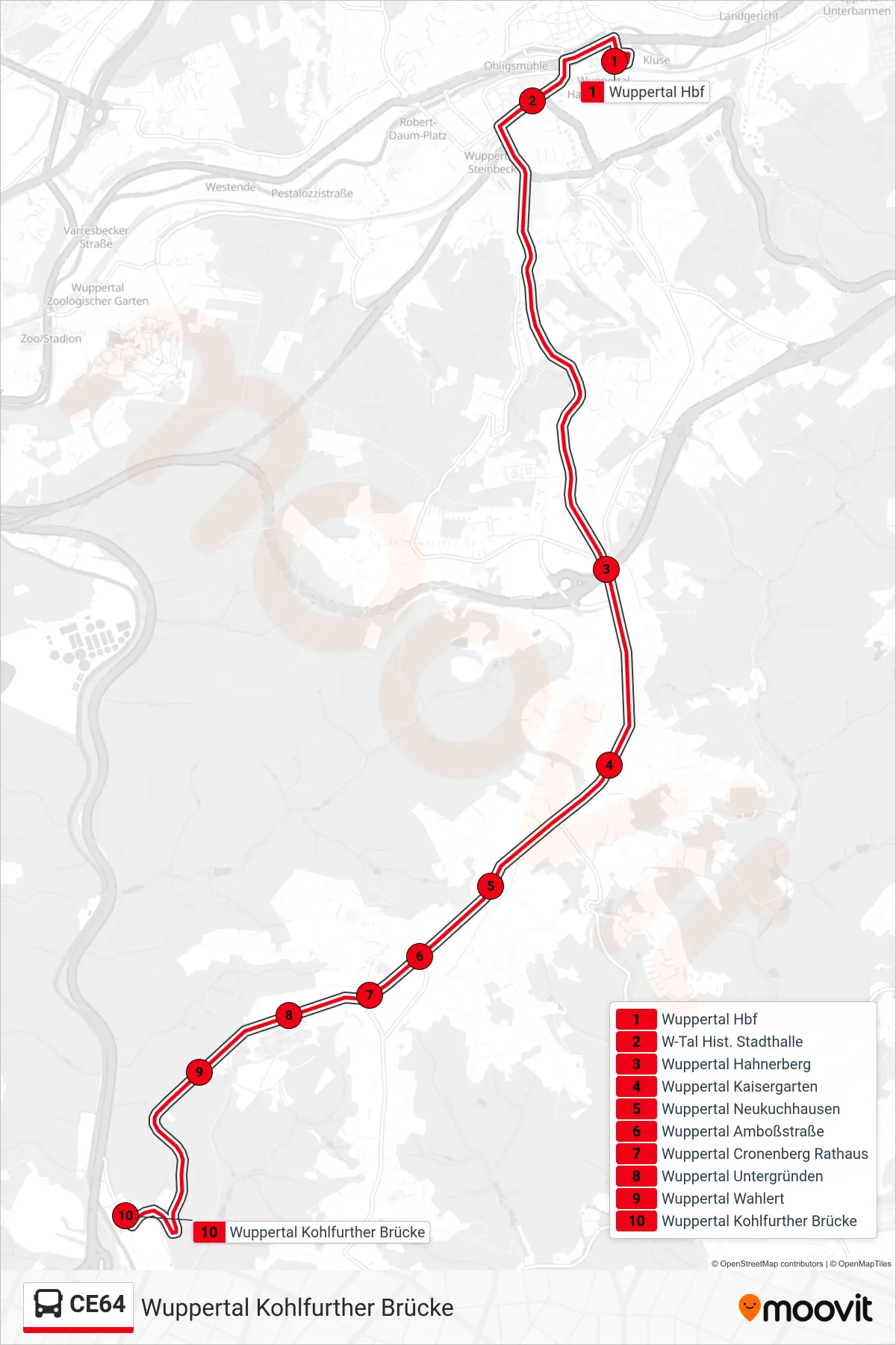 Linie CE64 (Bus) Richtung Wuppertal Kohlfurther Brücke: Route und Haltestellen auf der Karte