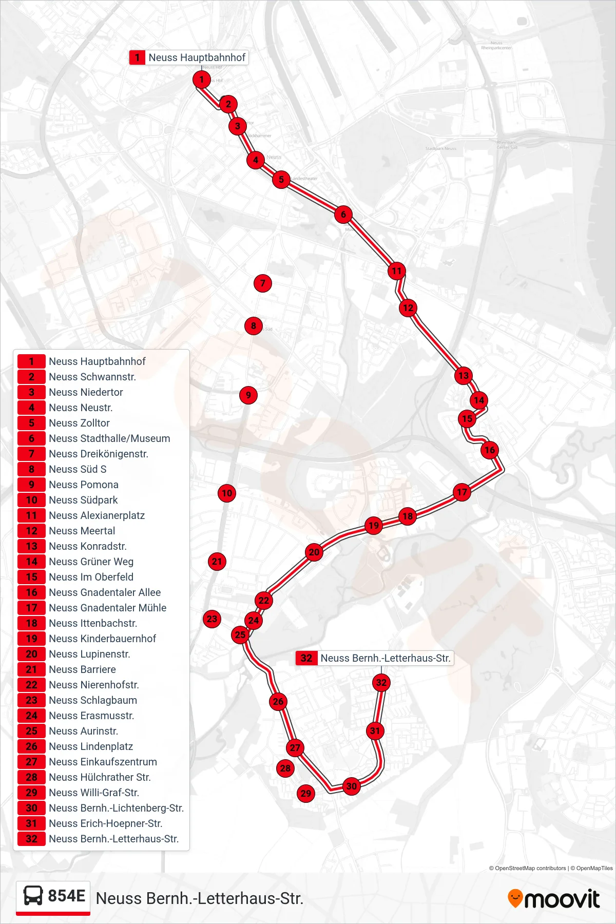 854E bus Line (Neuss Bernh.-Letterhaus-Str.) route and stops on a map