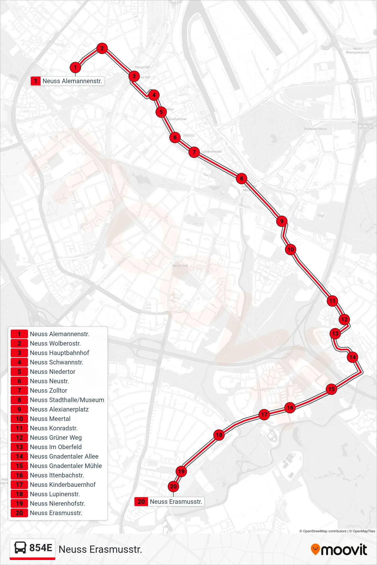 Linie 854E (Bus) Richtung Neuss Erasmusstr.: Route und Haltestellen auf der Karte