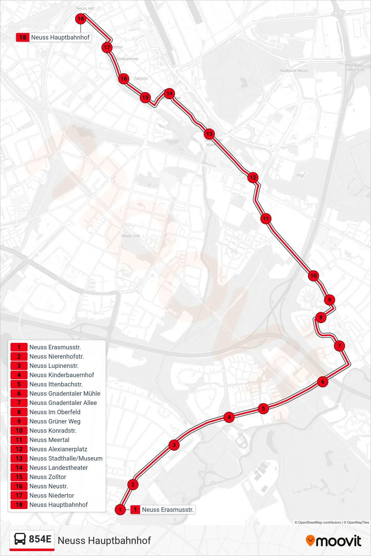 Linie 854E (Bus) Richtung Neuss Hauptbahnhof: Route und Haltestellen auf der Karte