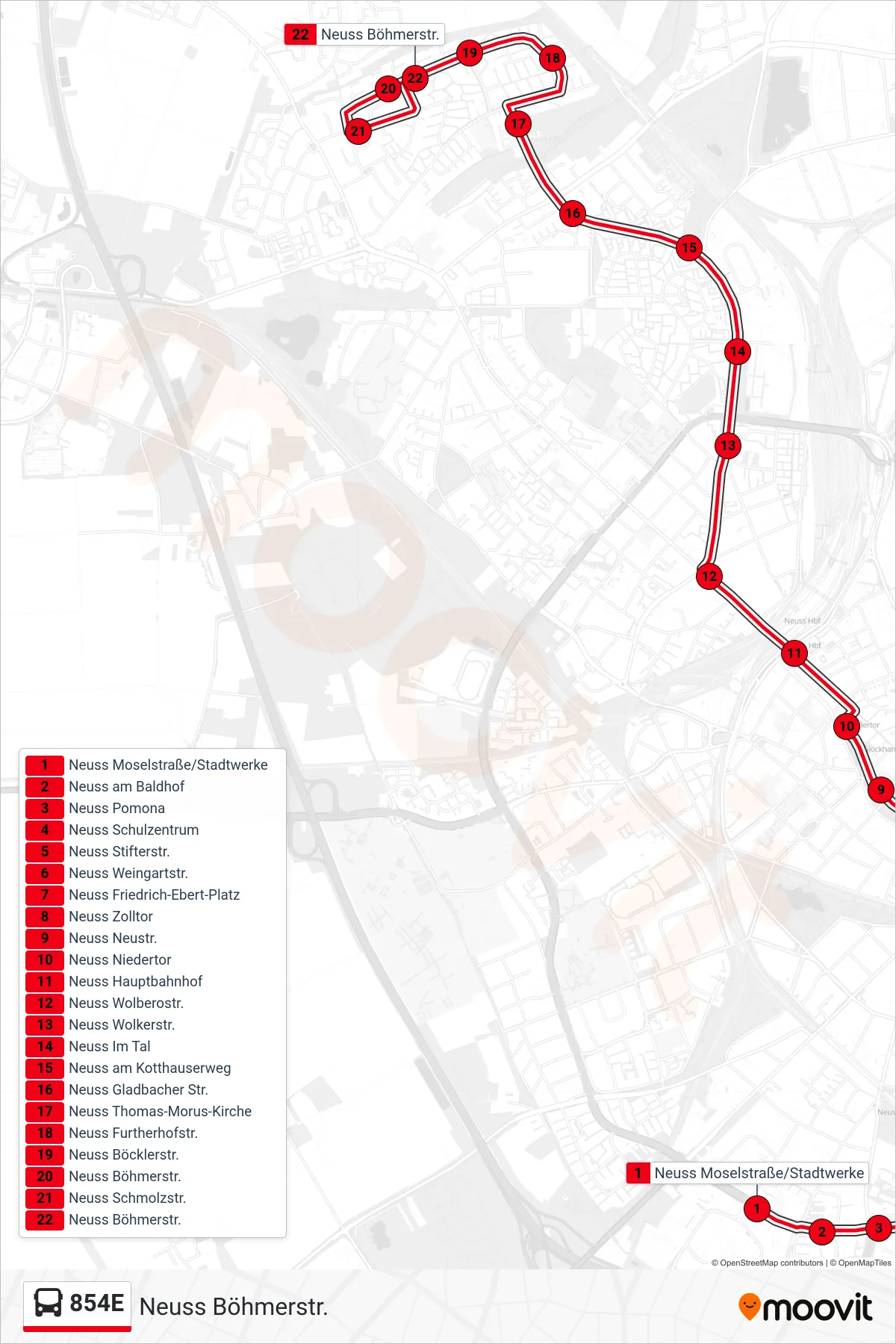 854E bus Line (Neuss Böhmerstr.) route and stops on a map