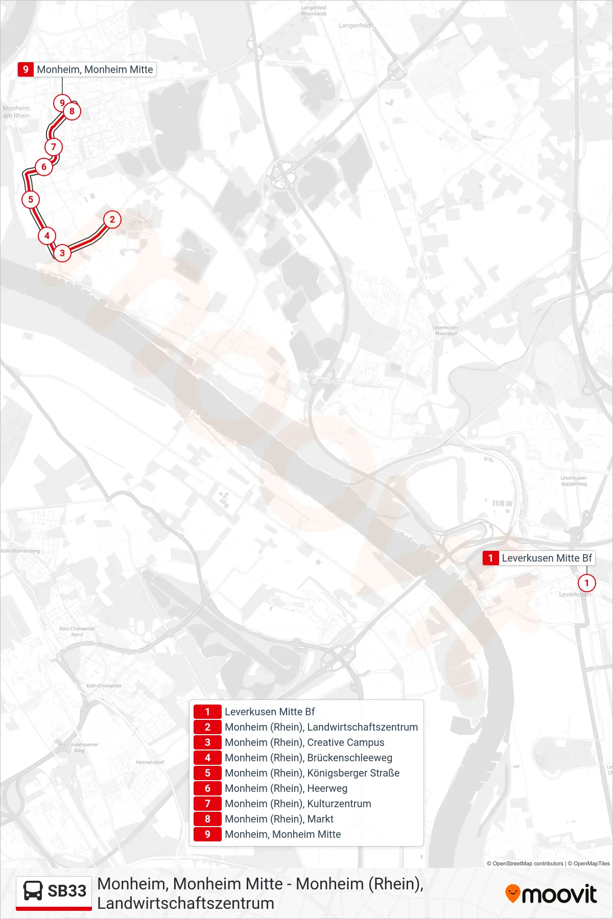 Linie SB33 (Bus) Richtung Monheim, Monheim Mitte: Route und Haltestellen auf der Karte