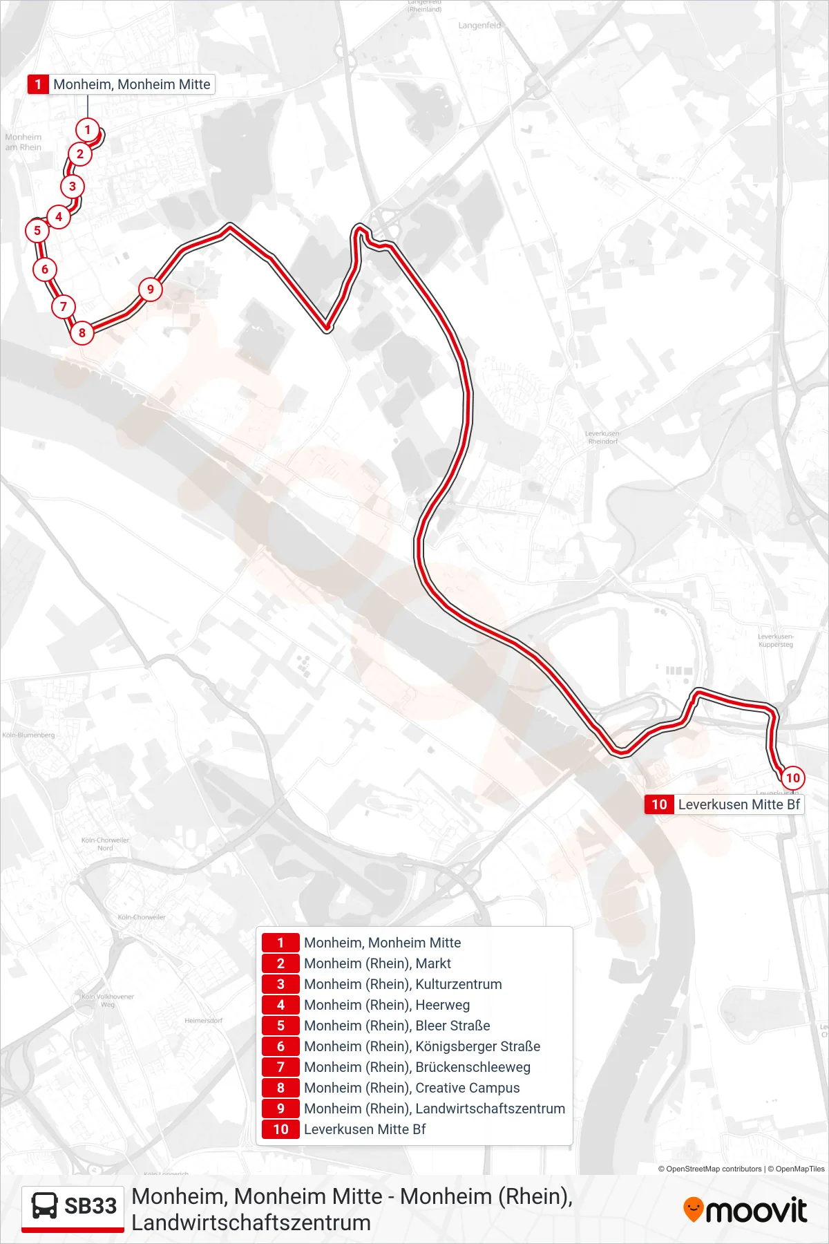 Linie SB33 (Bus) Richtung Leverkusen Mitte Bf: Route und Haltestellen auf der Karte