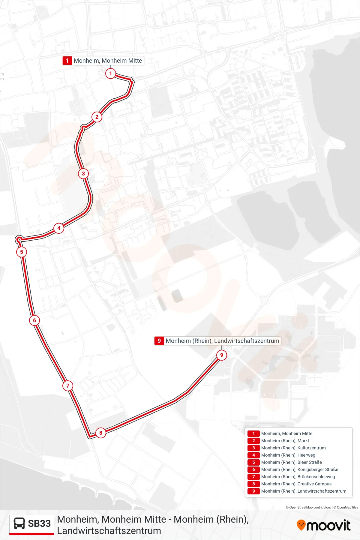 Linie SB33 (Bus) Richtung Monheim (Rhein), Landwirtschaftszentrum: Route und Haltestellen auf der Karte