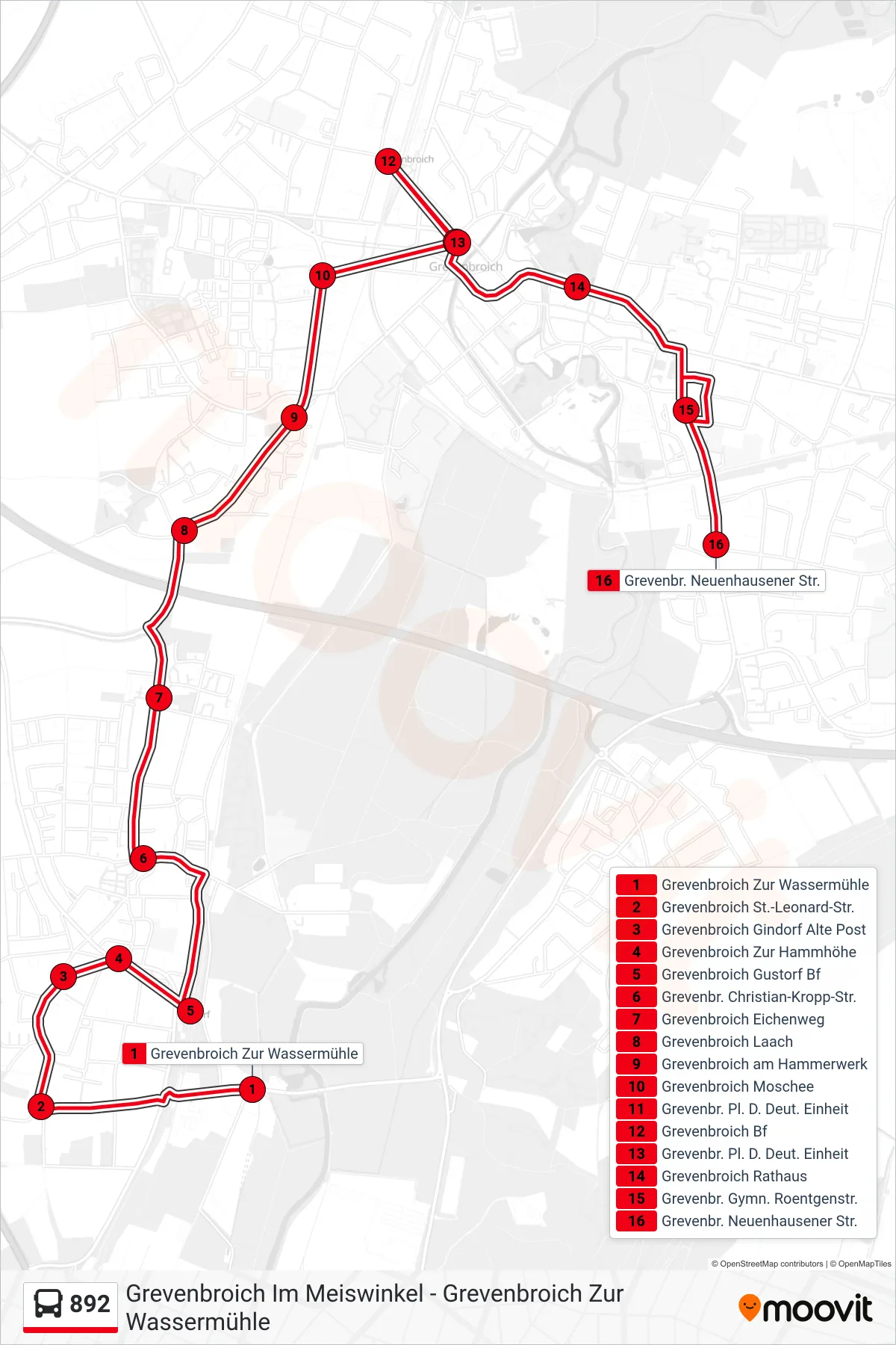 892 bus Line (Grevenbr. Neuenhausener Str.) route and stops on a map