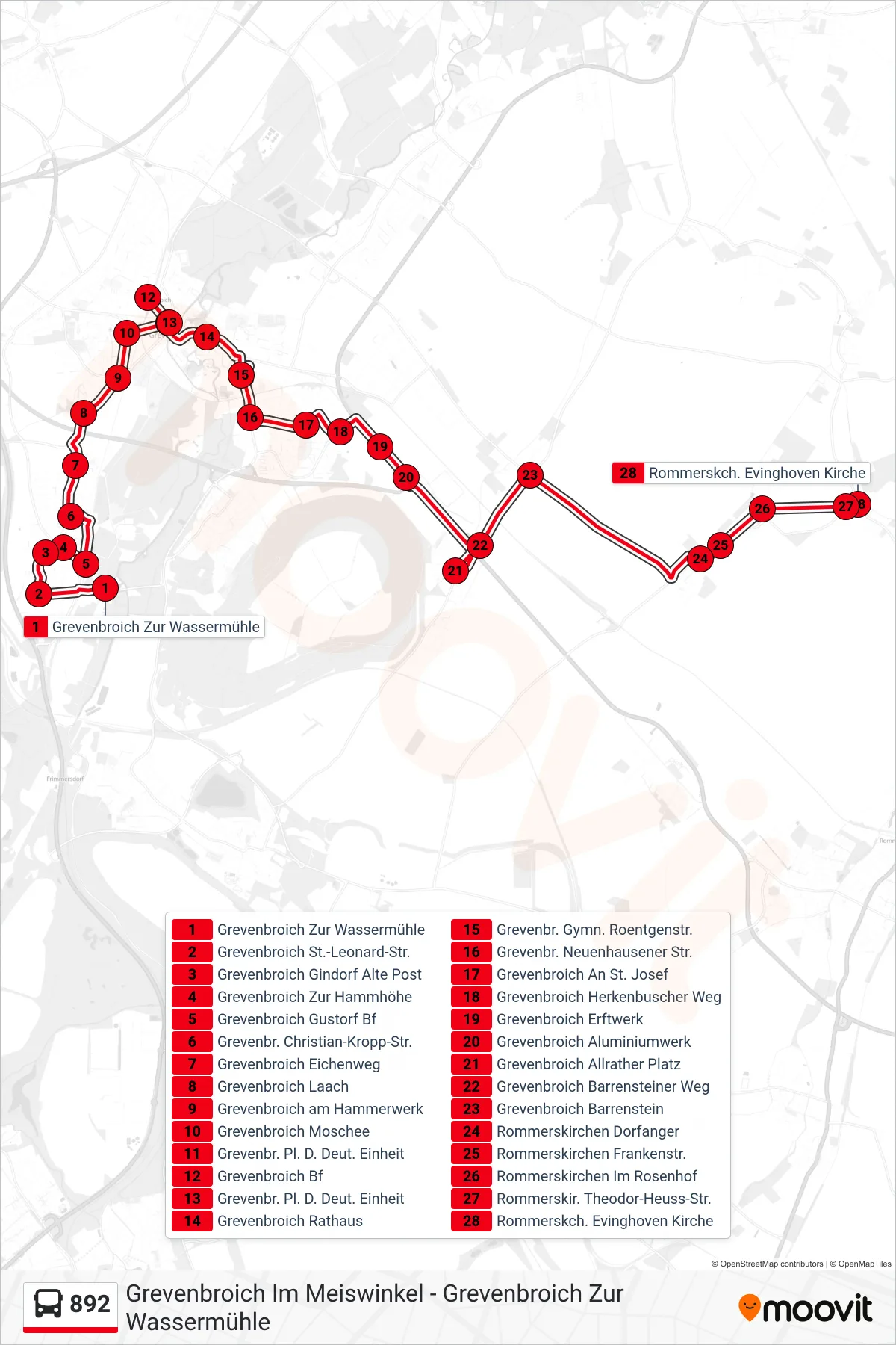 Linie 892 (Bus) Richtung Rommerskch. Evinghoven Kirche: Route und Haltestellen auf der Karte