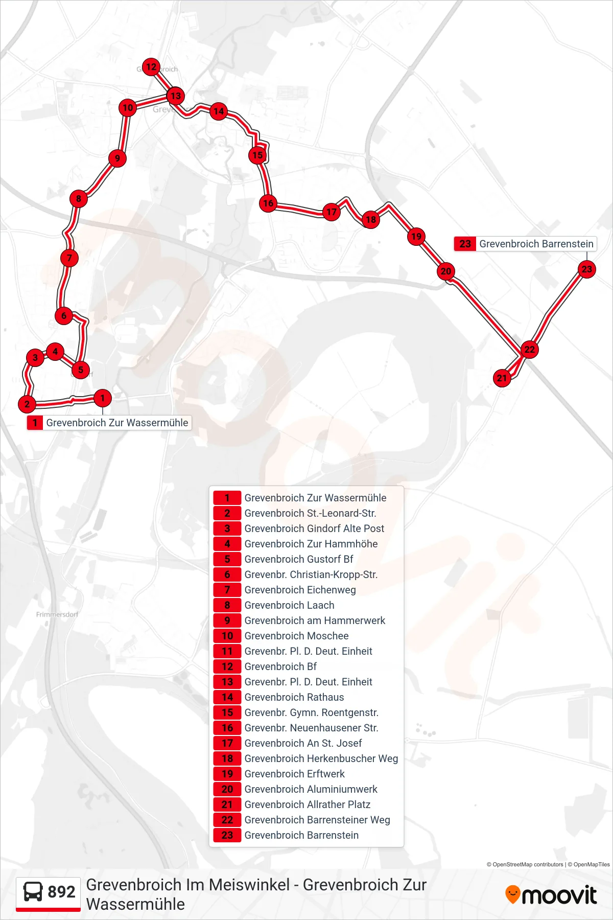 Linie 892 (Bus) Richtung Grevenbroich Barrenstein: Route und Haltestellen auf der Karte