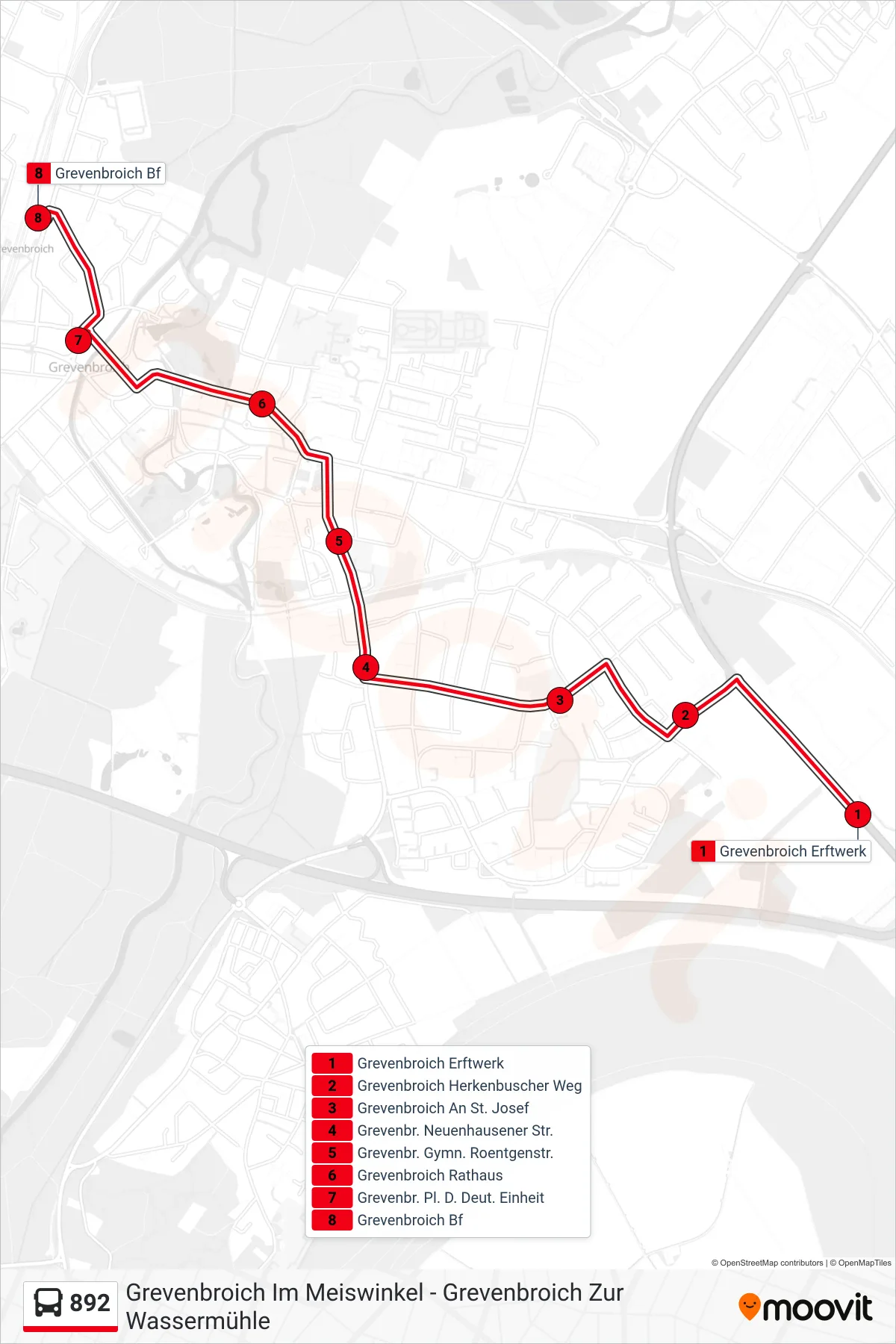 Linie 892 (Bus) Richtung Grevenbroich Bf: Route und Haltestellen auf der Karte