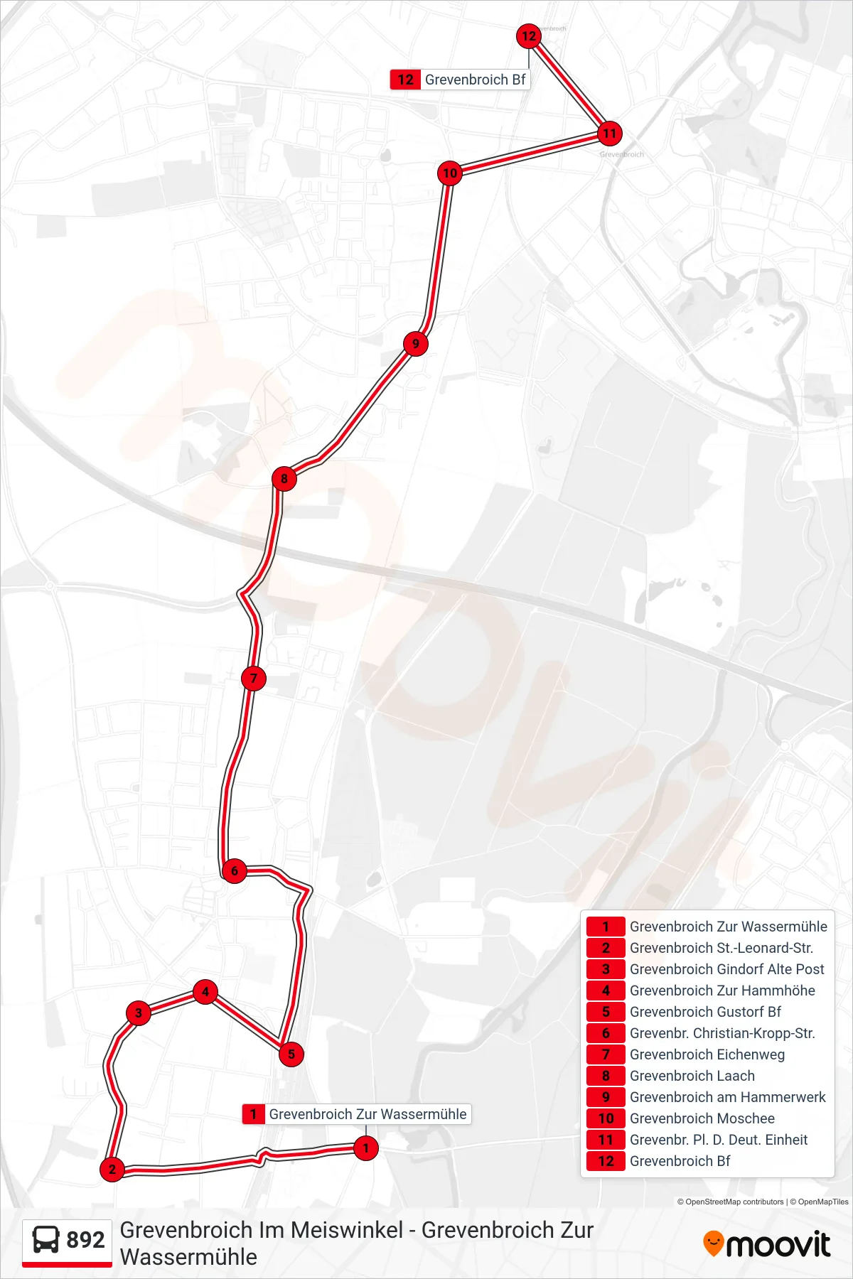 Linie 892 (Bus) Richtung Grevenbroich Bf: Route und Haltestellen auf der Karte