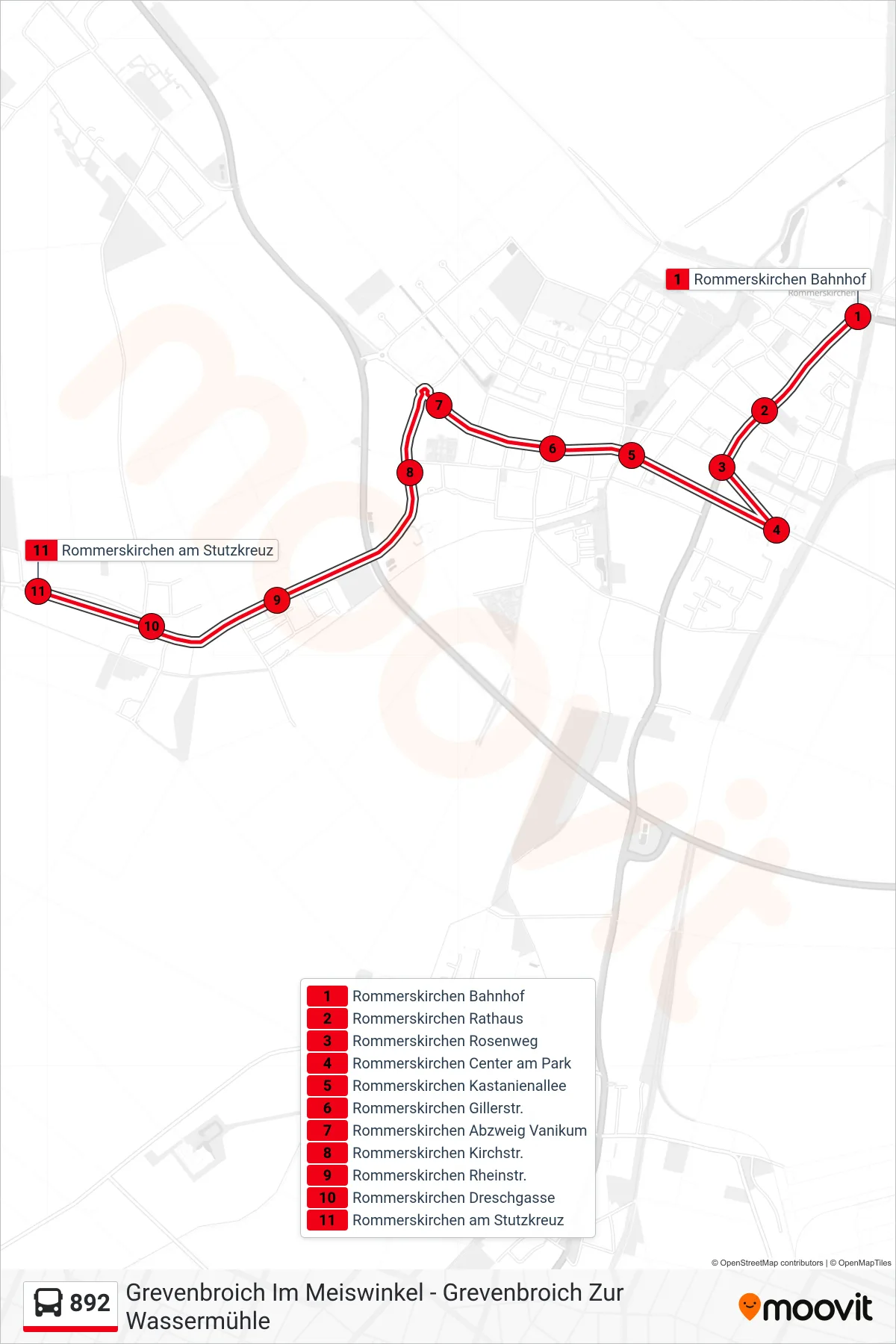 Linie 892 (Bus) Richtung Rommerskirchen am Stutzkreuz: Route und Haltestellen auf der Karte