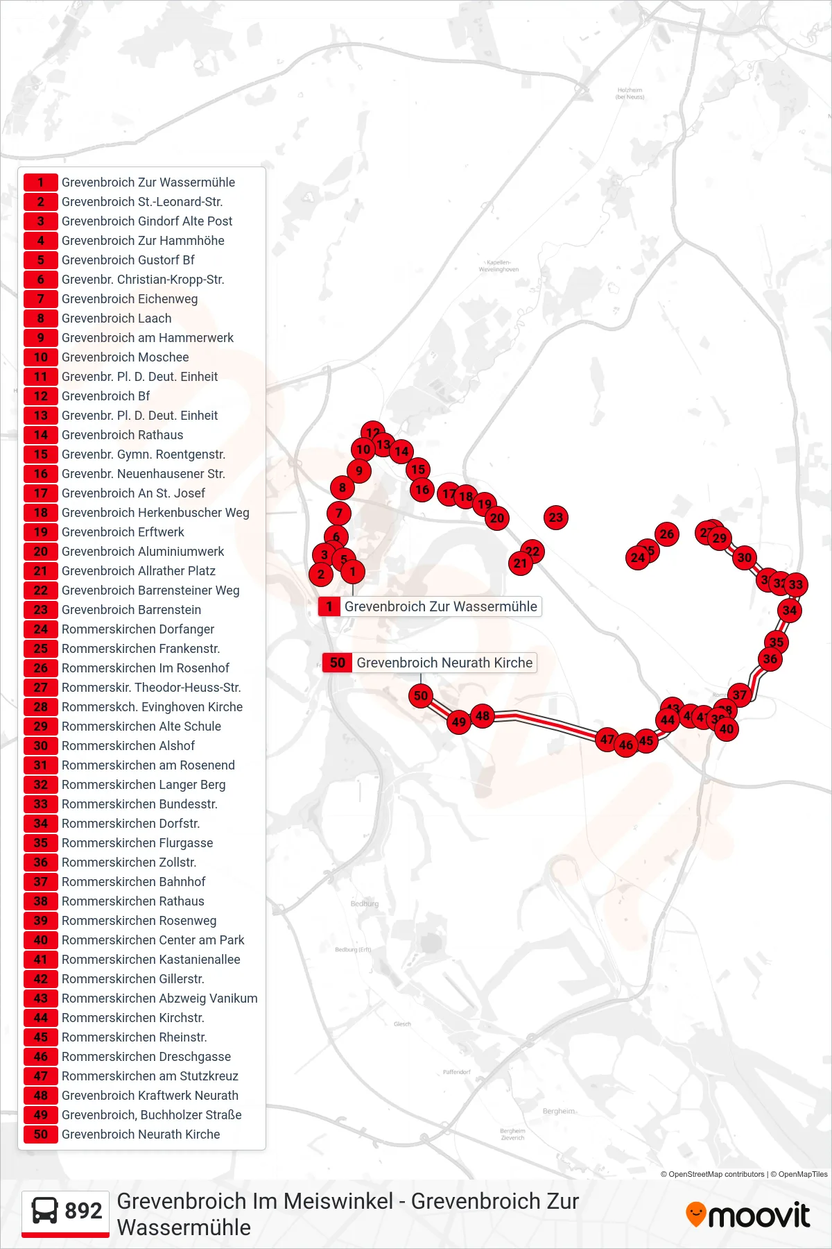 892 bus Line (Grevenbroich Neurath Kirche) route and stops on a map