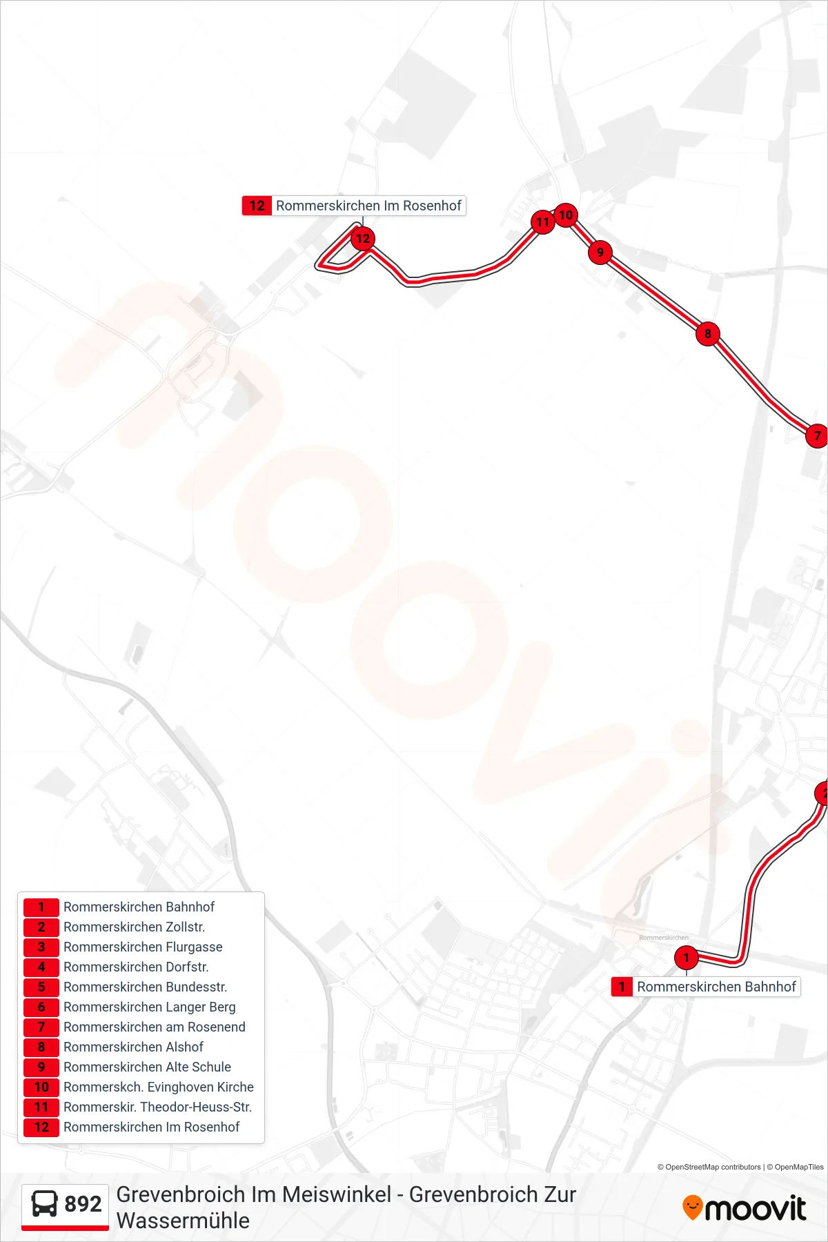 Linie 892 (Bus) Richtung Rommerskirchen Im Rosenhof: Route und Haltestellen auf der Karte